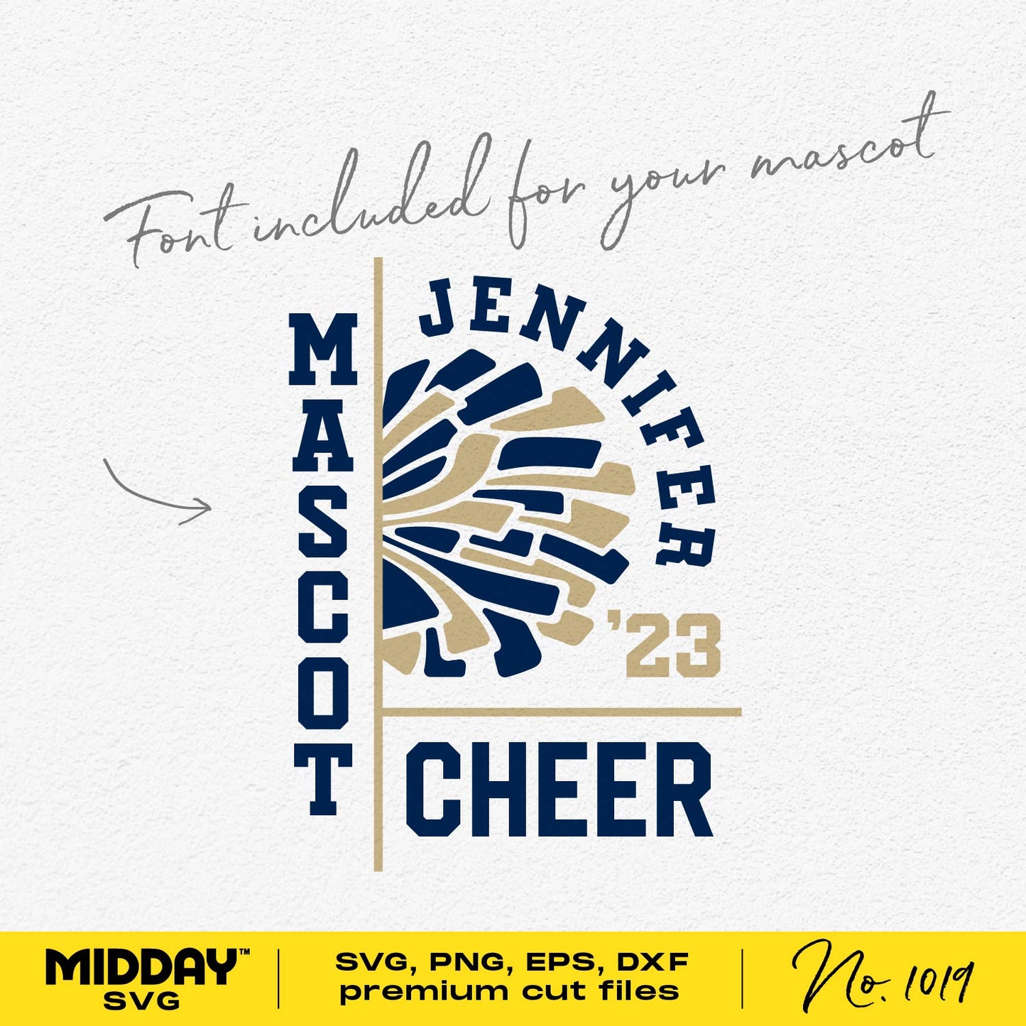 Customizable Mascot Cheer Template with Pom-Poms and Team Name Font in SVG, PNG, EPS, DXF Formats
