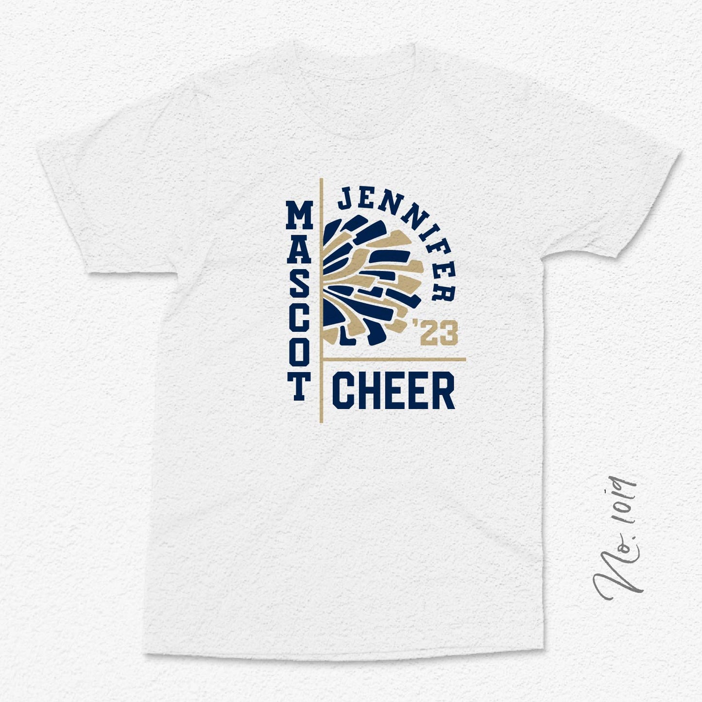 Customizable mascot cheer t-shirt featuring 'Mascot Jennifer Cheer '23' with pompom design in navy and gold.