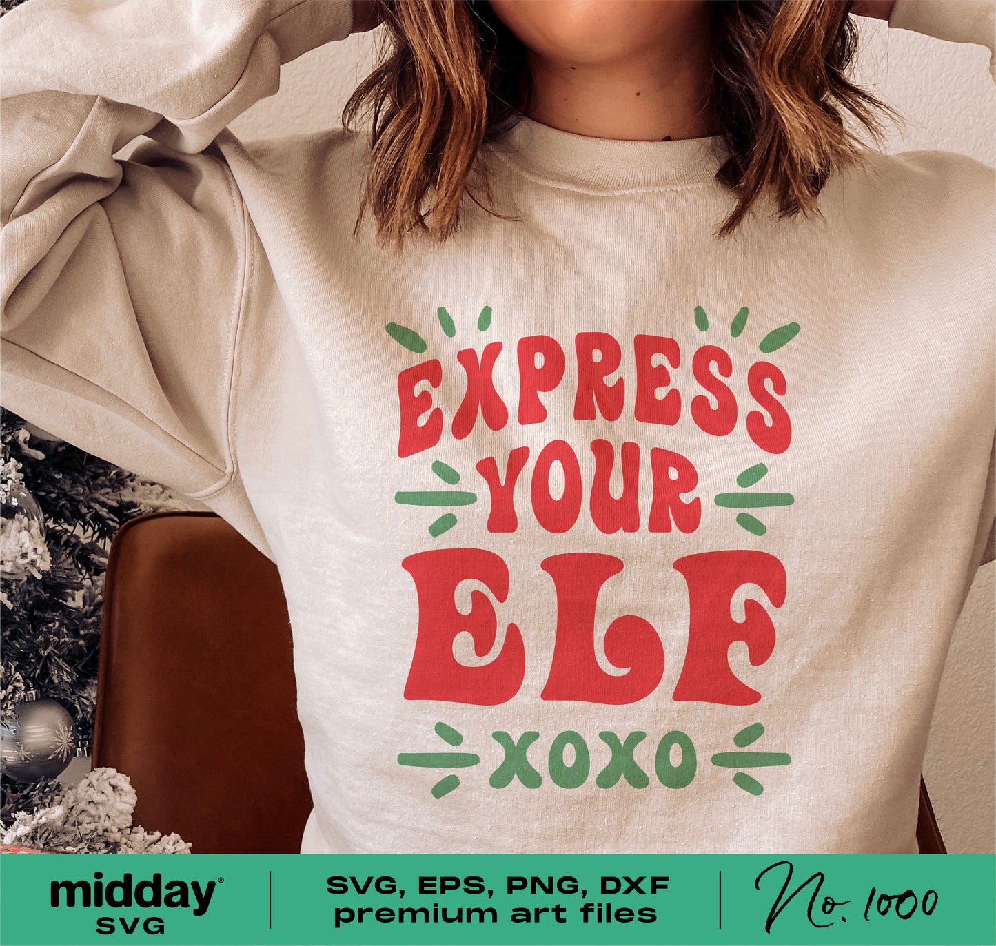 "Express Your Elf" sweatshirt with Christmas design from SVG bundle, perfect for Cricut and Silhouette projects.