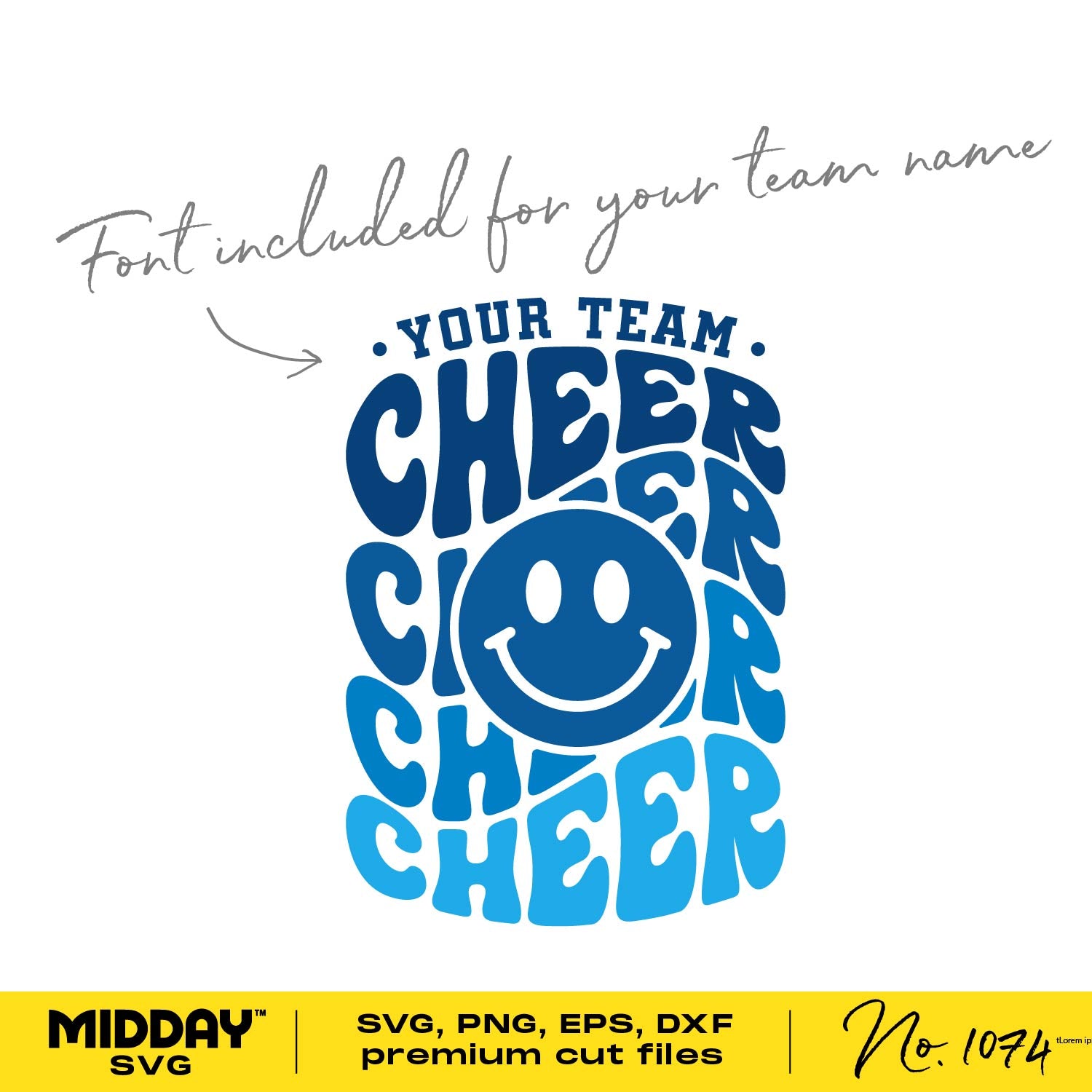 Customizable cheerleading design template with smiling face and text, available in SVG, PNG, EPS, DXF formats for crafting.