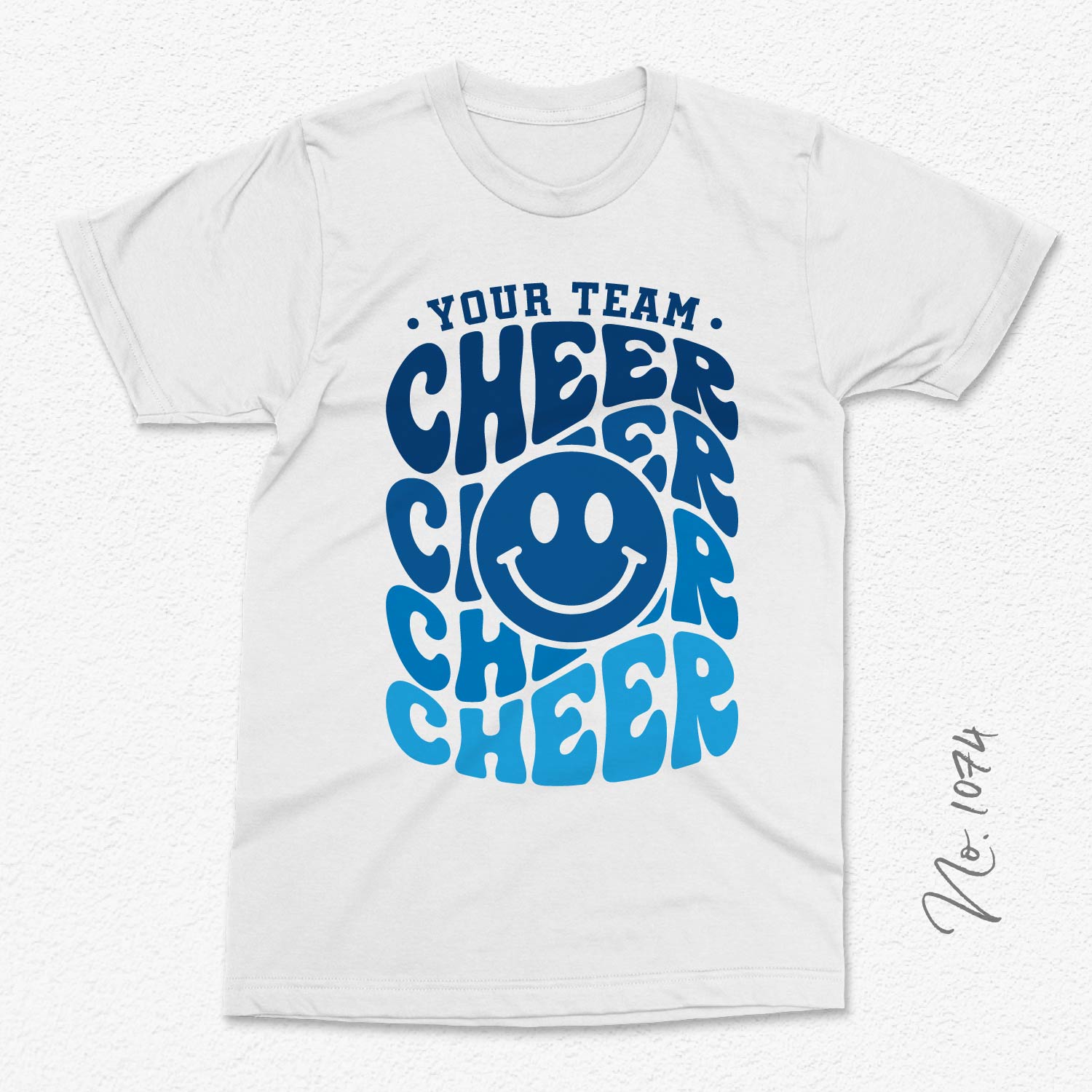 White t-shirt with blue 'Your Team Cheer' design and smiley face graphic for cheerleading teams.