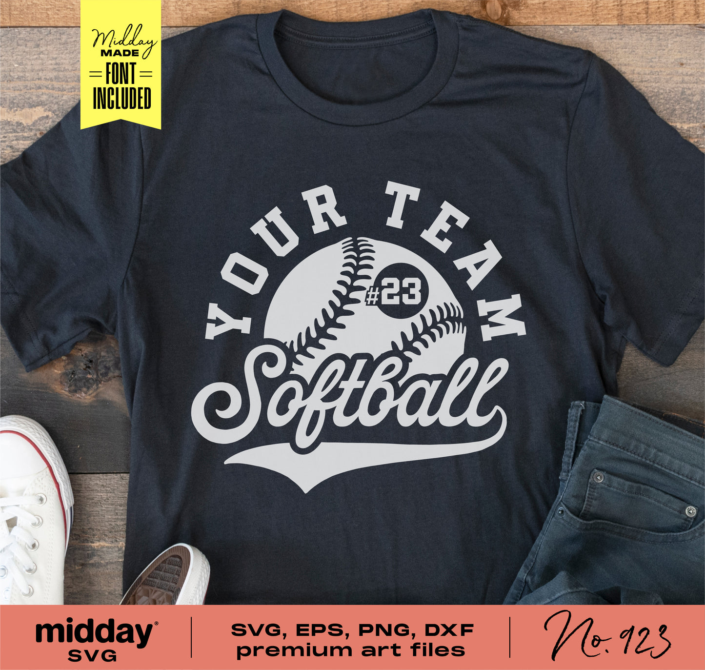 Customizable softball team shirt with your team name and number, available in SVG, PNG, DXF formats for Cricut and Silhouette.