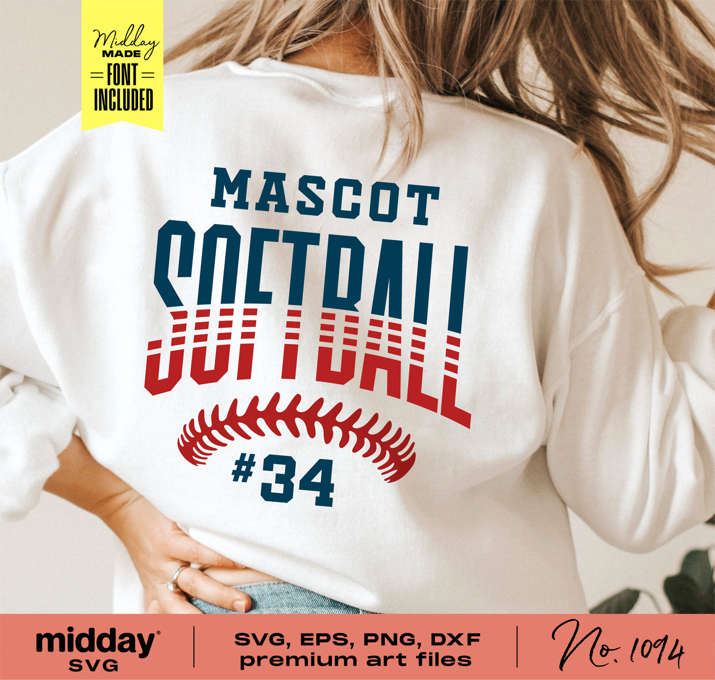 Person wearing a white shirt featuring a customizable softball SVG design for Cricut, including font and color options for softball teams.