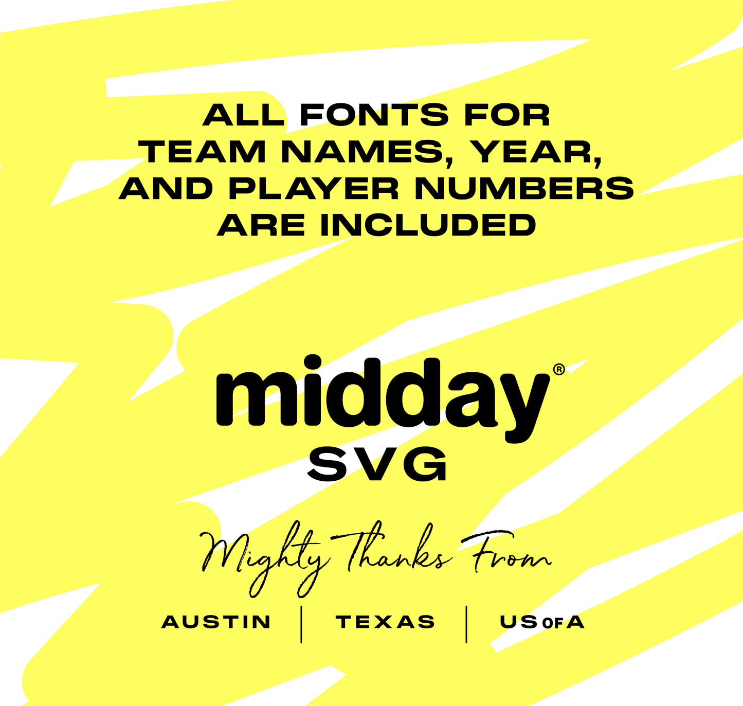 Promotional image for Midday SVG, includes team fonts for names, year, and numbers. Design features bold text on a yellow abstract background.