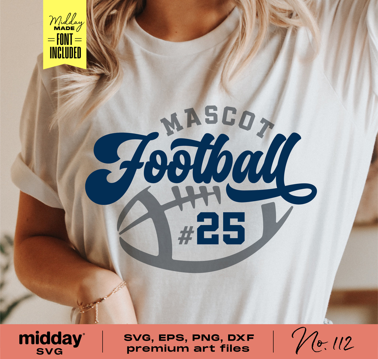 Woman wearing a T-shirt with customizable football team logo design, includes SVG, PNG, DXF files for Cricut and Silhouette crafting.