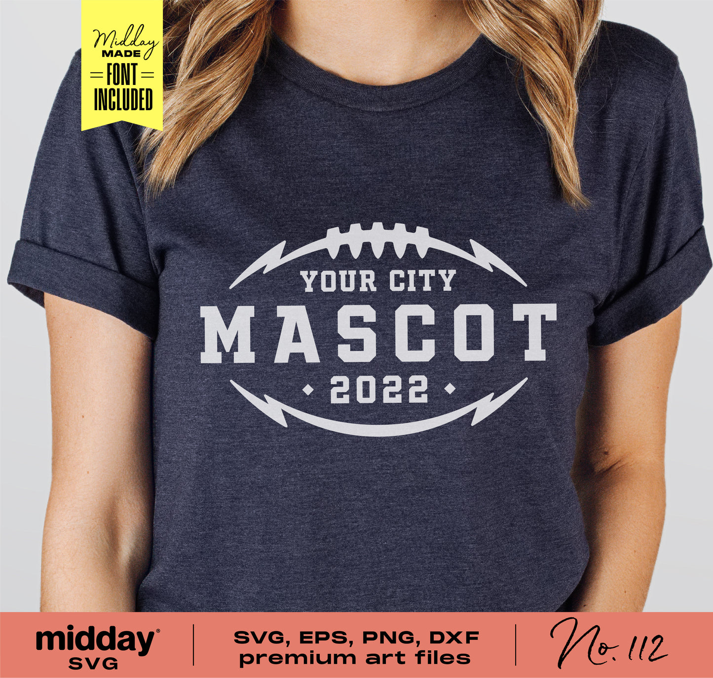 Navy shirt with "Your City Mascot 2022" football design, available in SVG, PNG, DXF formats for Cricut and Silhouette.