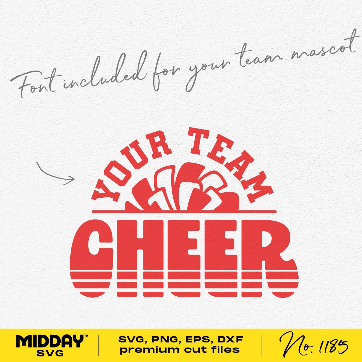 Customizable cheer team shirt design template with mascot font in SVG, PNG, EPS, and DXF formats, ideal for Cricut and Silhouette.
