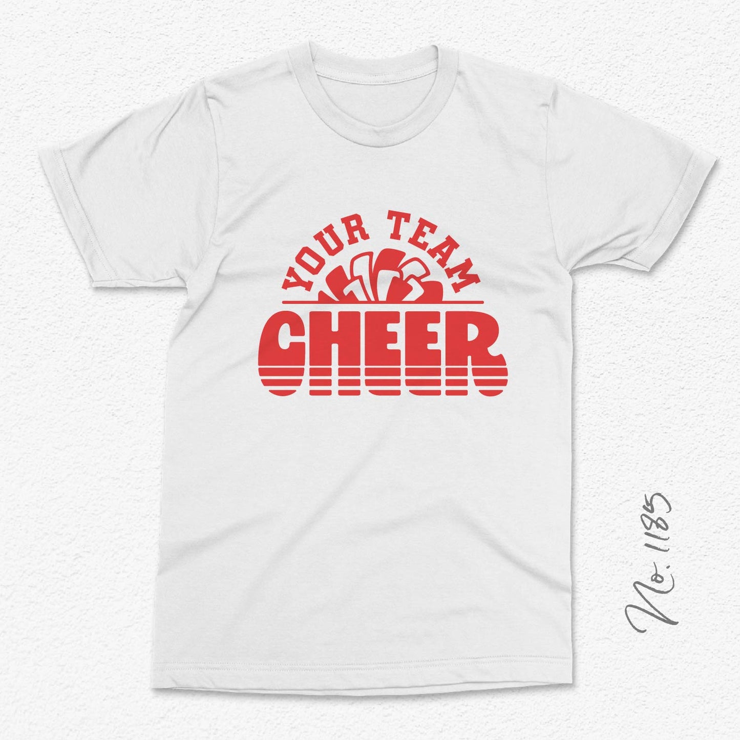 Customizable cheer team shirt with "Your Team Cheer" design in red, perfect for sports enthusiasts and spirit wear.
