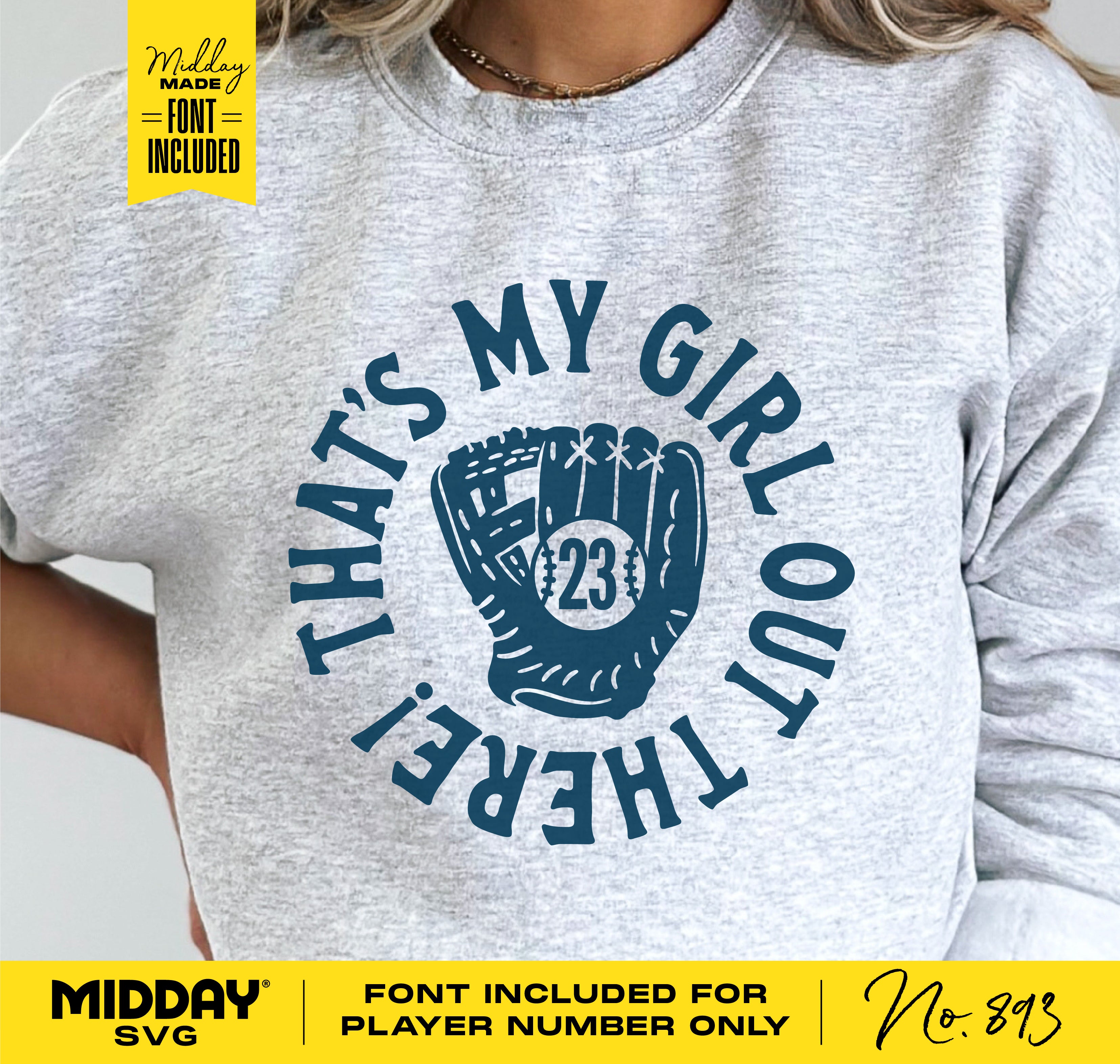 Grey sweatshirt featuring "That's My Girl Out There" text with a softball glove graphic and player number, ideal for softball moms.