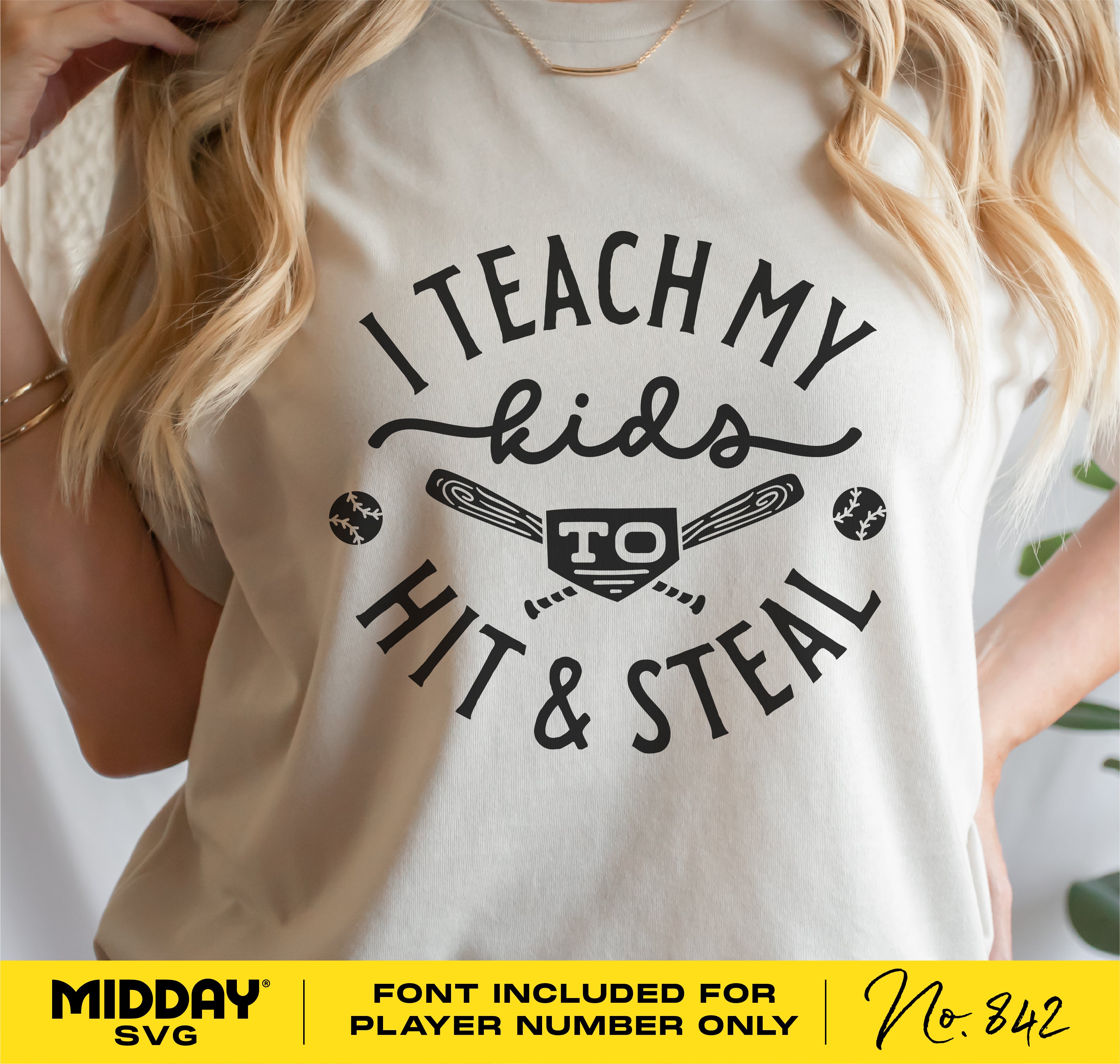 Softball mom shirt design with 'I Teach My Kids to Hit & Steal' text, featuring bats and balls, suitable for Cricut and sublimation projects.