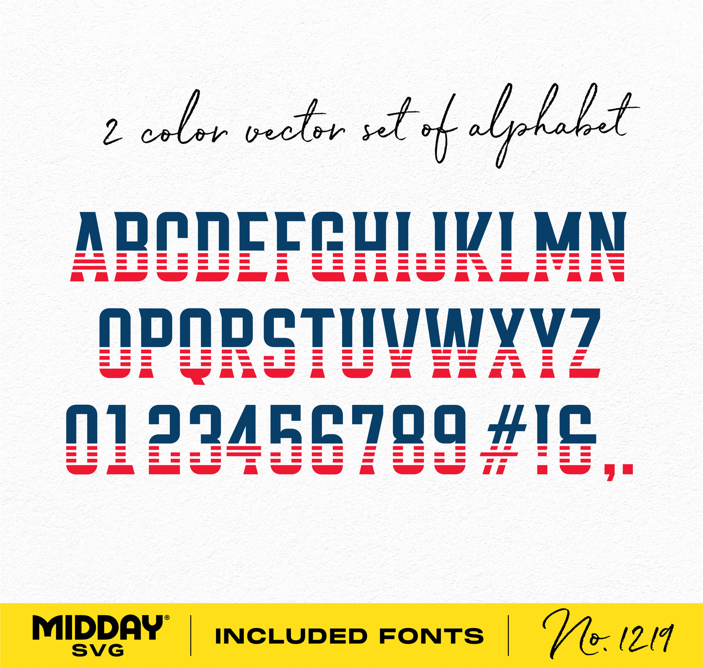 Two-color vector alphabet set with uppercase letters, numbers, and symbols in red and blue. Included fonts by Midday SVG, No. 1219.