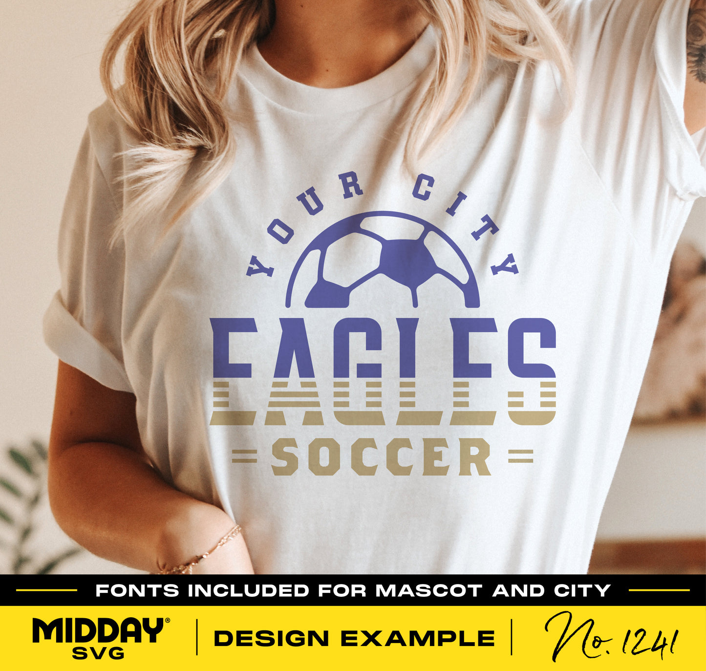 Person wearing a white shirt with a customizable soccer team logo design reading 'Your City Eagles' with included fonts, design example.