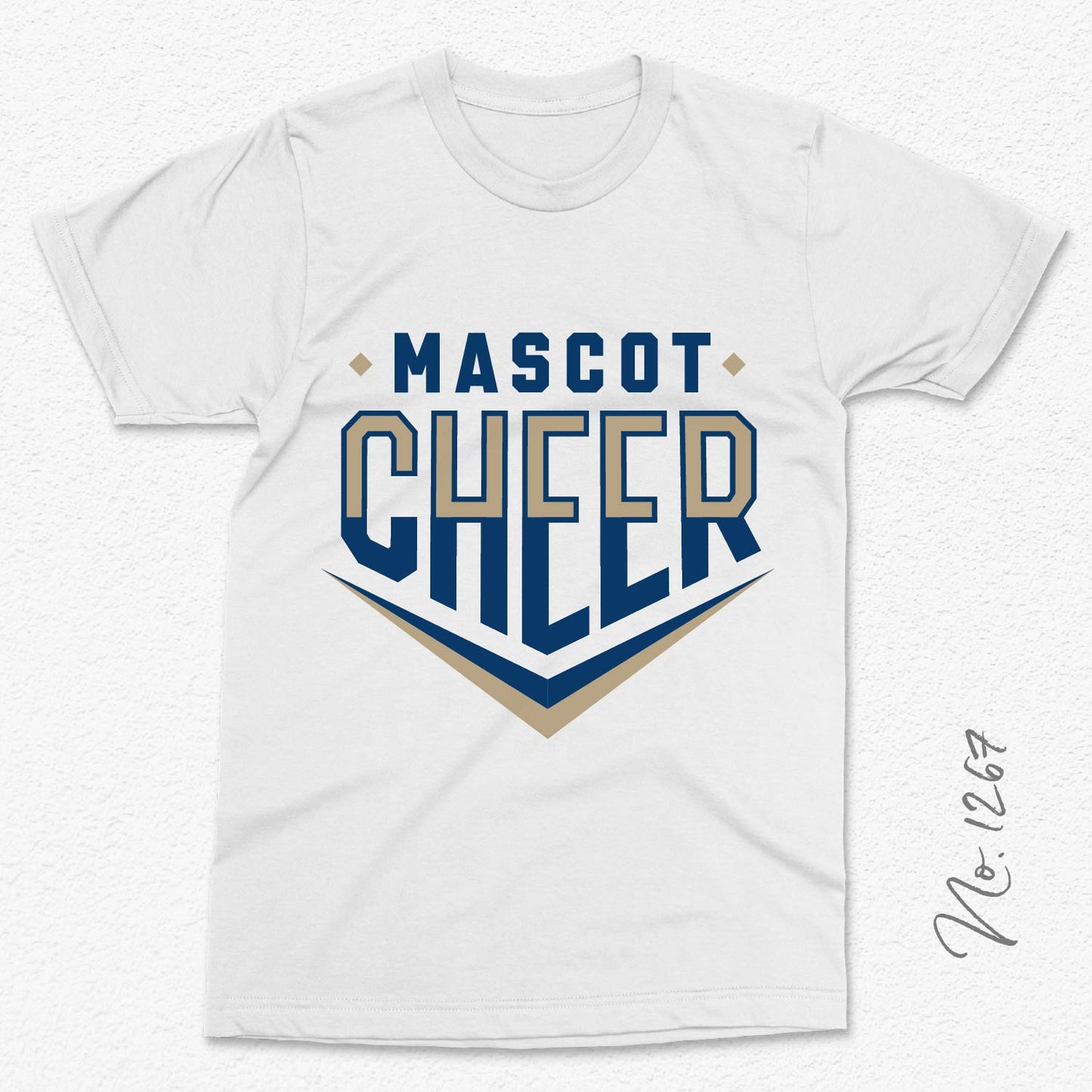 White t-shirt with 'Mascot Cheer' design featuring blue and gold chevron for cheer teams and DIY cheer project enthusiasts.