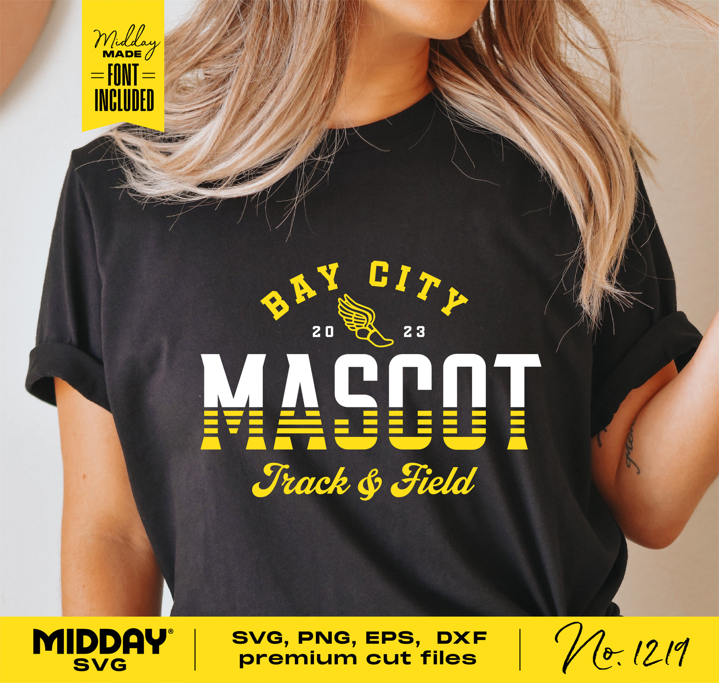 Woman wearing Bay City Mascot Track & Field shirt, features SVG, PNG, EPS, DXF premium cut files by Midday SVG, No. 1219.