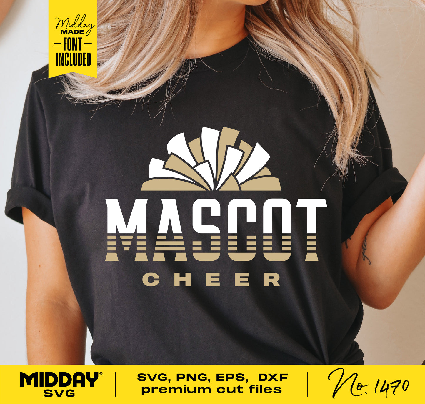 Cheerleader wearing black shirt with 'Mascot Cheer' design, featuring premium SVG, PNG, EPS, DXF cut files for Cricut and Silhouette.