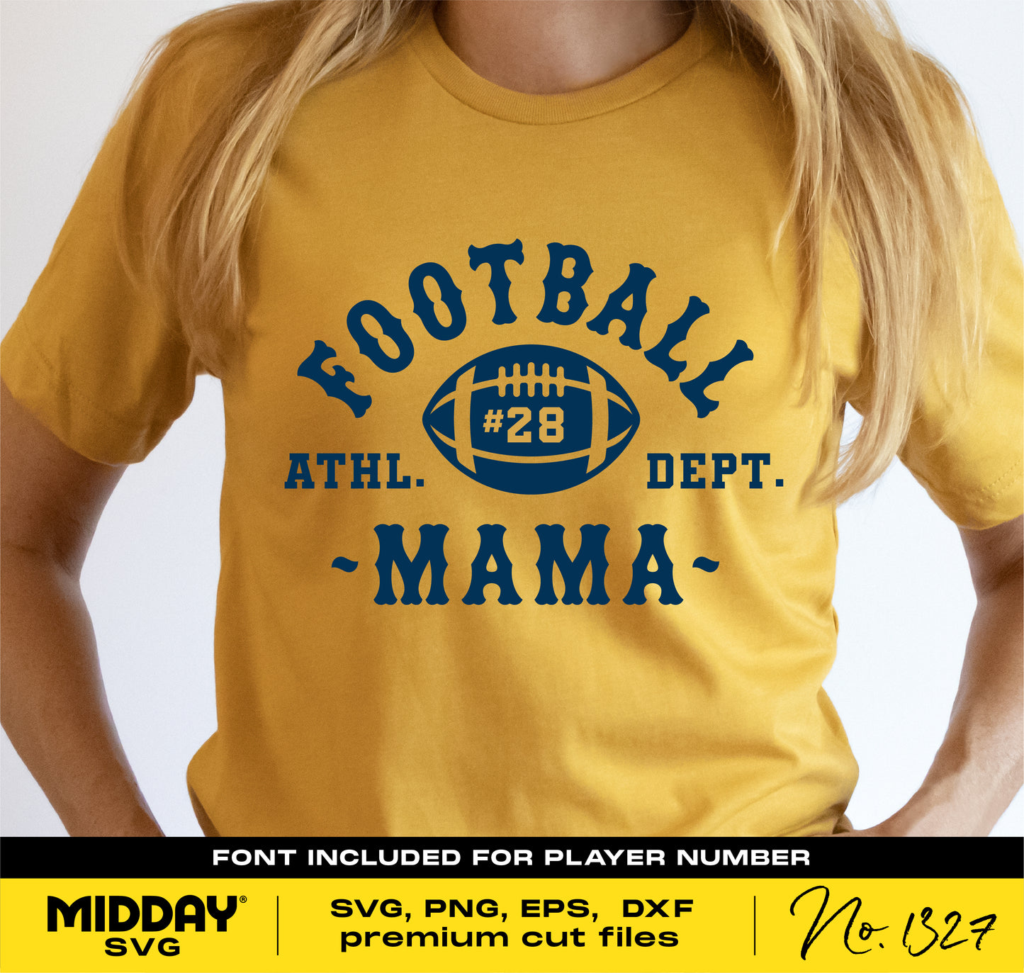 Yellow Football Mom shirt with blue text reading 'Football Mama' and football graphic, perfect for DIY Cricut and Silhouette projects.