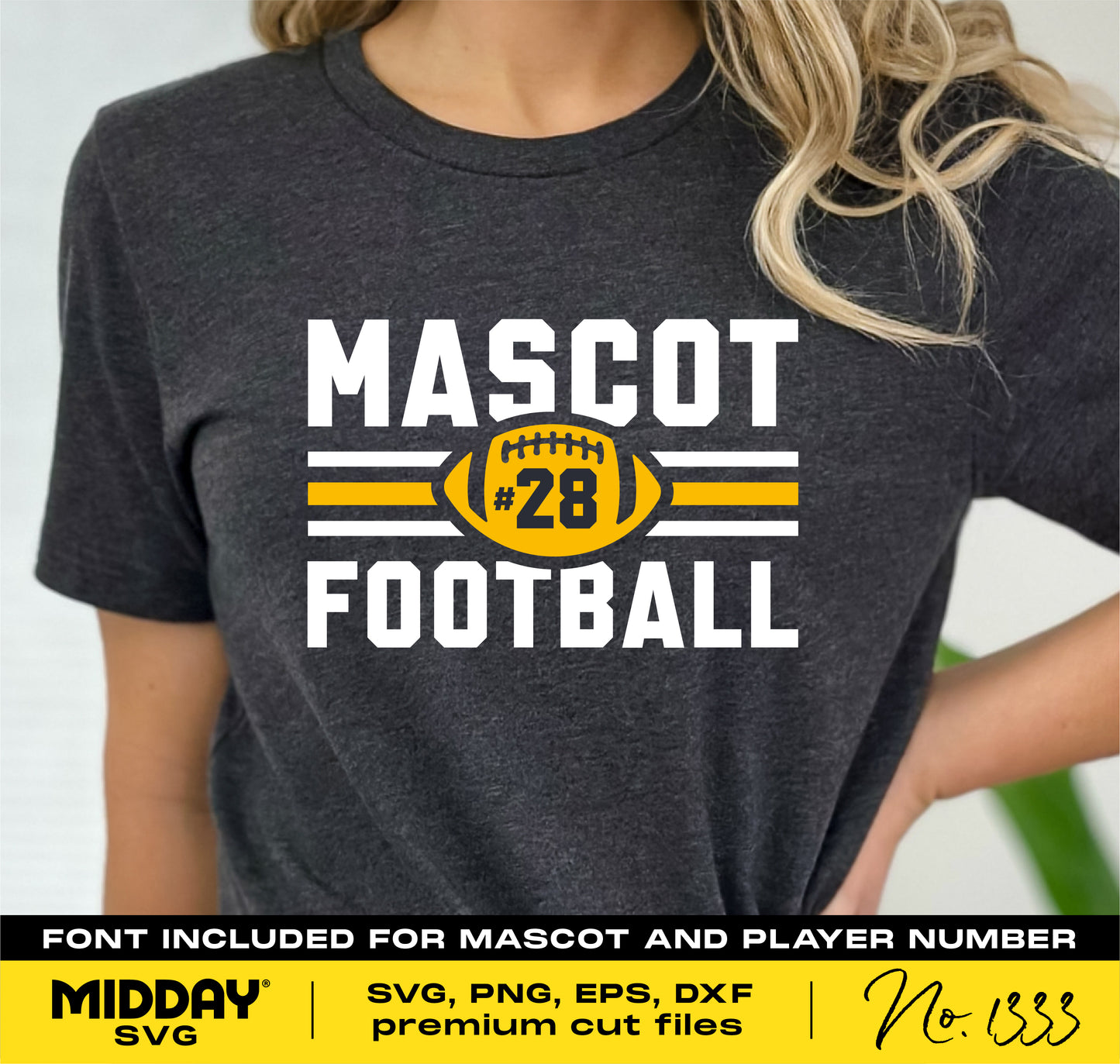 Person wearing a shirt with "Mascot Football #28" logo design, part of a football team template bundle for Cricut and Silhouette.