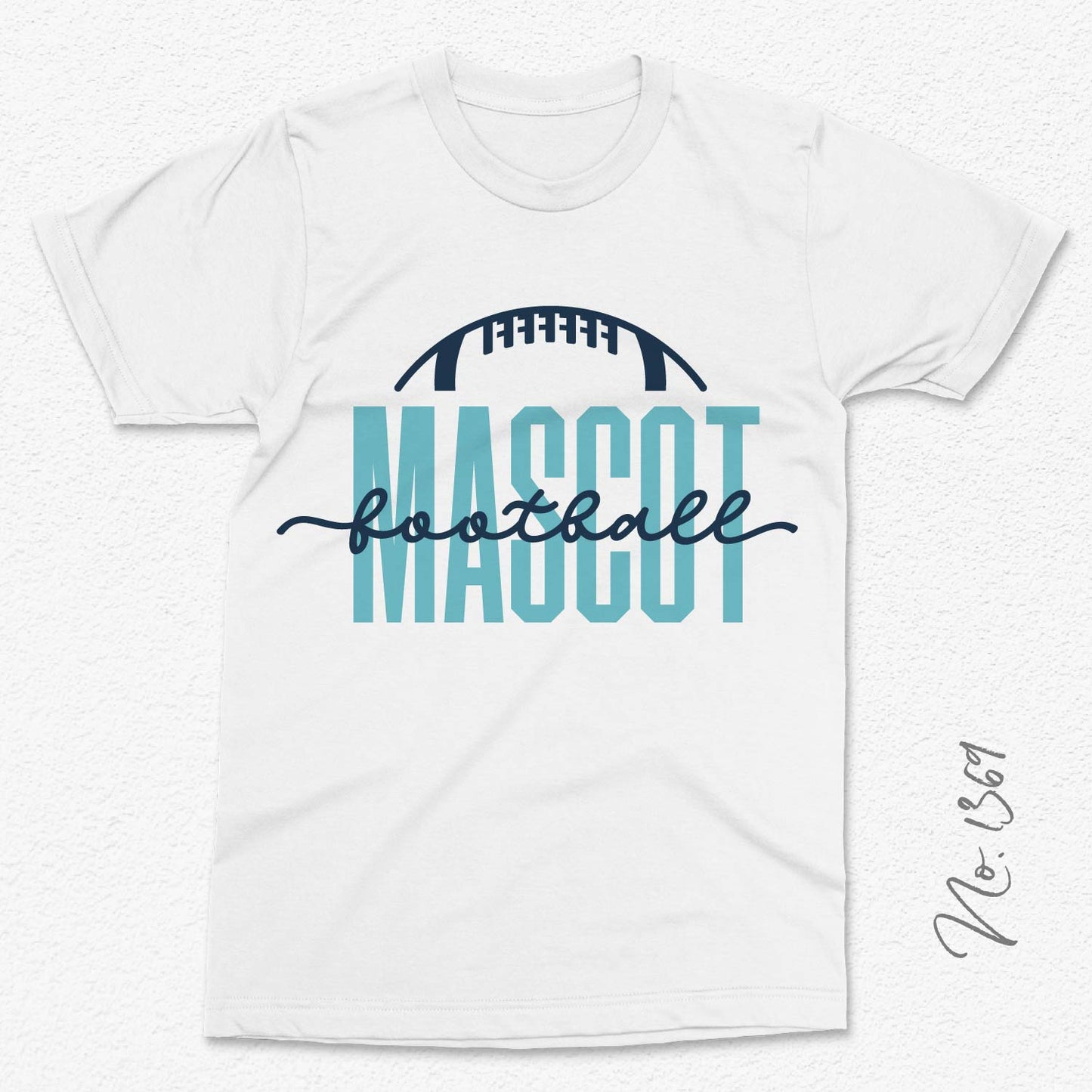 White t-shirt featuring 'Mascot Football' design with a stylized football graphic, ideal for team spirit apparel.