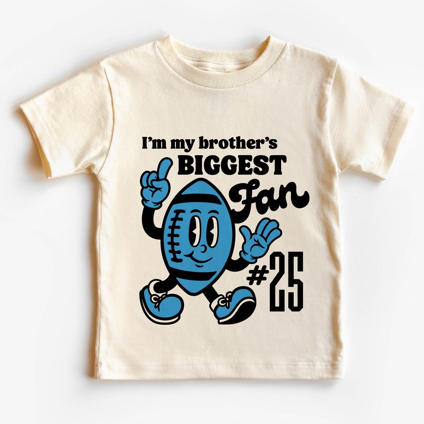Children's t-shirt with vintage cartoon football mascot, text reads "I'm my brother's biggest fan #25" in bold font.