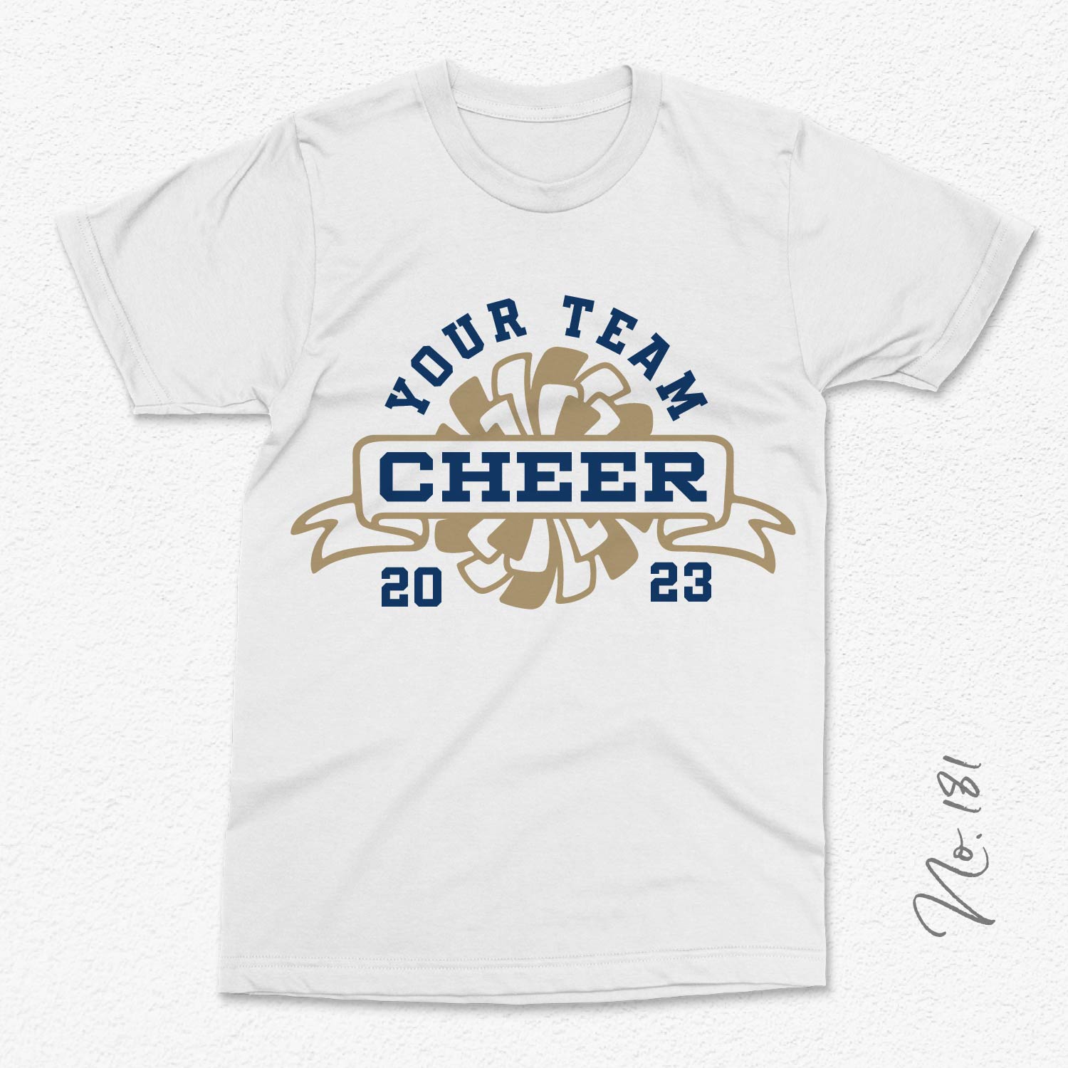 Customizable cheer team T-shirt design with 'Your Team Cheer 2023' text and pom pom graphic, ideal for boosting team spirit.