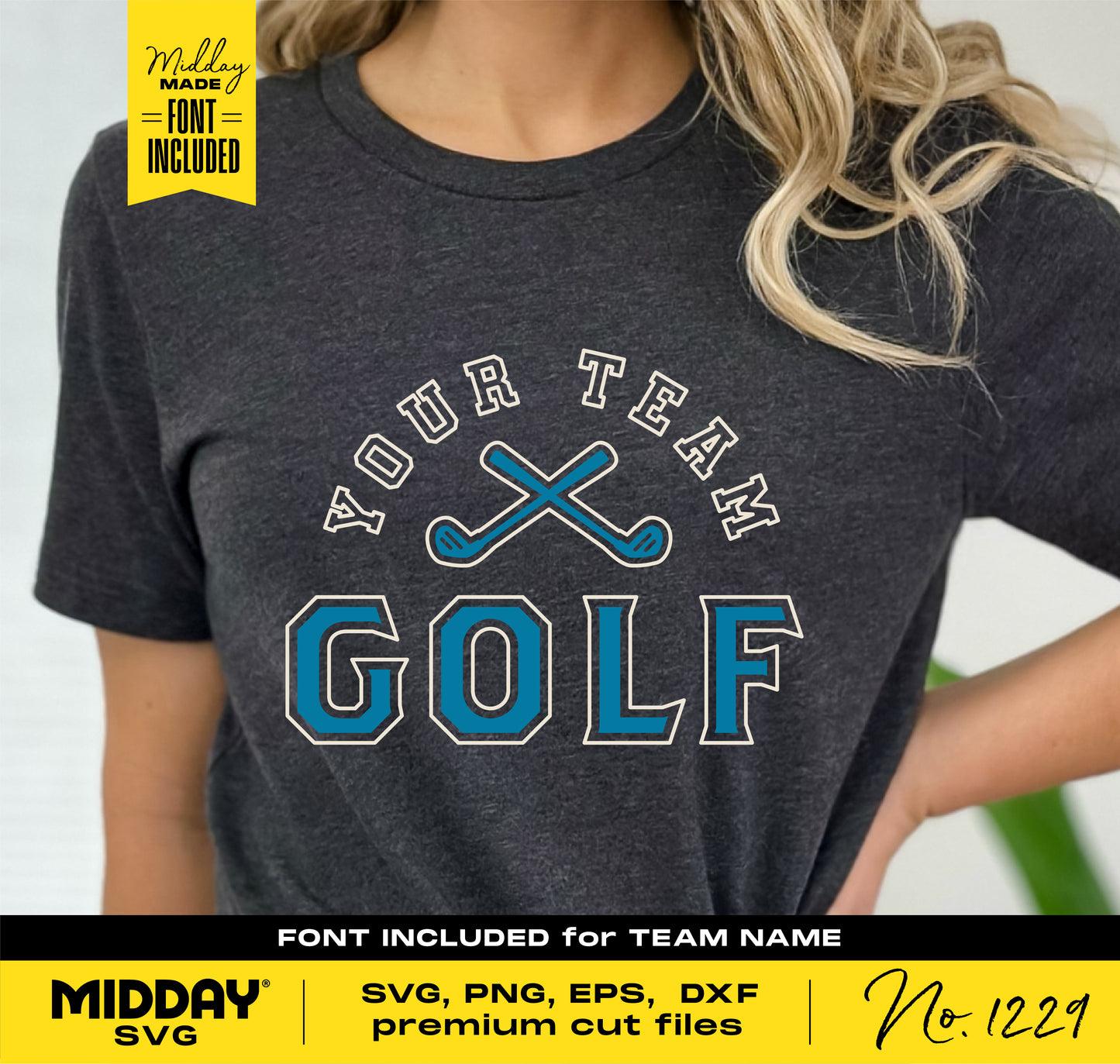 Person wearing a dark t-shirt with 'Your Team Golf' text and crossed clubs, part of a premium SVG design bundle for Cricut projects.