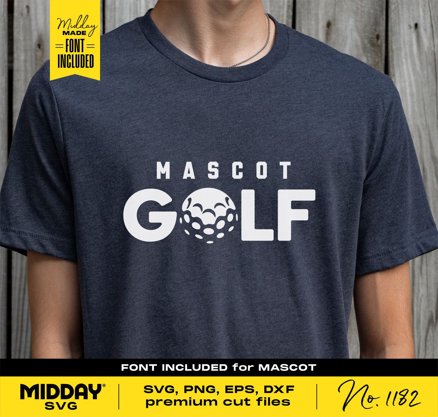 Dark t-shirt featuring 'Mascot Golf' design with included font, available in SVG, PNG, EPS, and DXF formats.