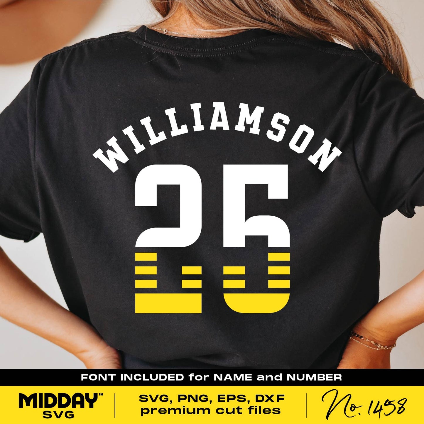Football team template shirt with customizable name and number, includes SVG, PNG, EPS, DXF files and font options.