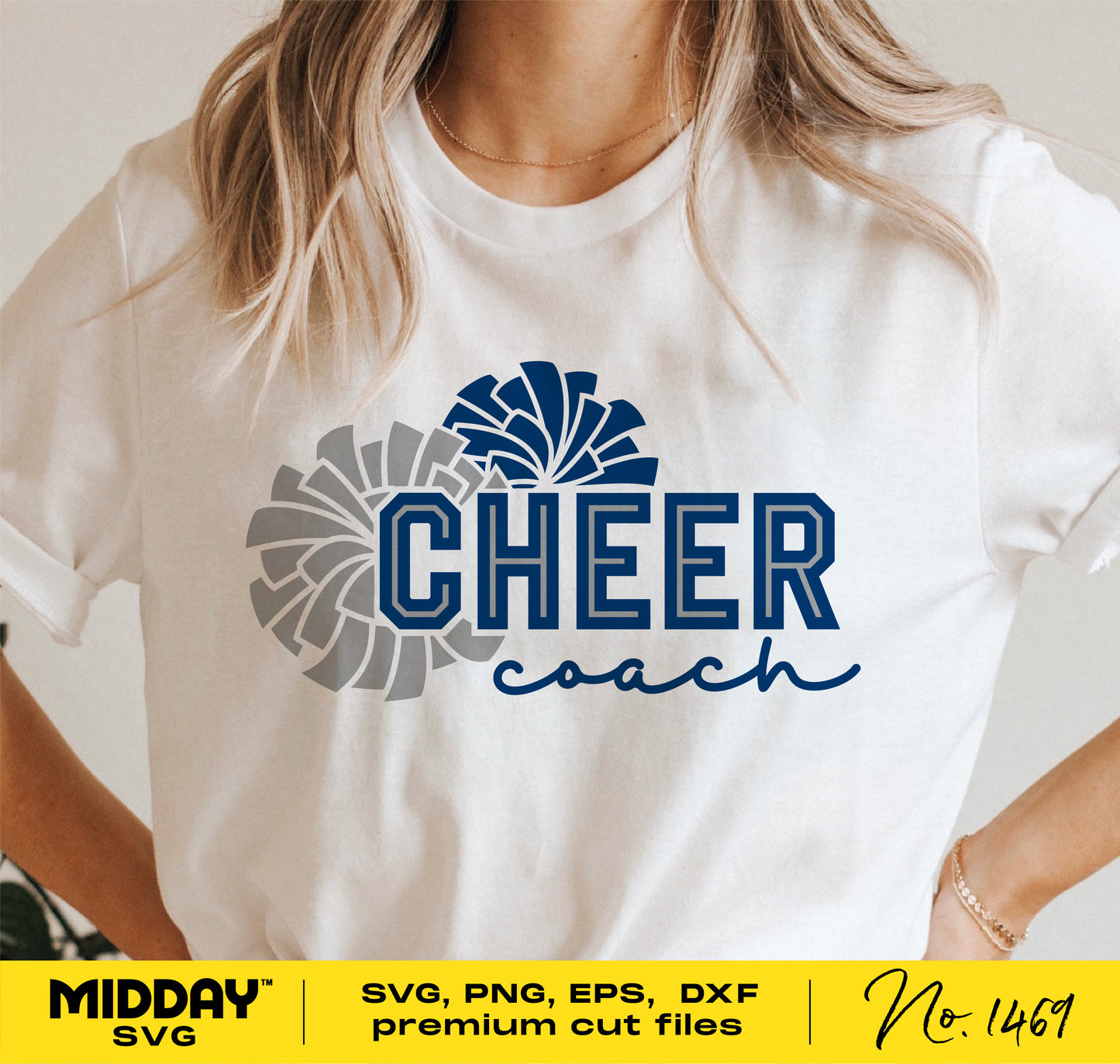 Person wearing a white shirt with Cheer Coach design featuring blue and gray pom-poms, suitable for Cricut and sublimation projects.