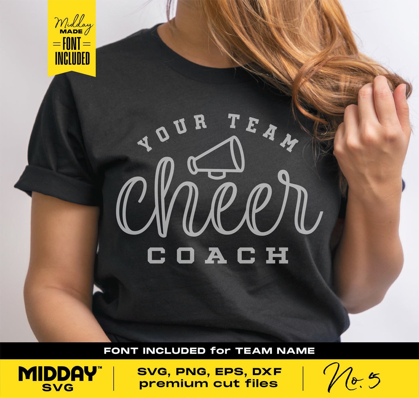 Woman wearing a shirt with 'Your Team Cheer Coach' design, showcasing cheer coach SVG bundle for crafting and apparel customization.