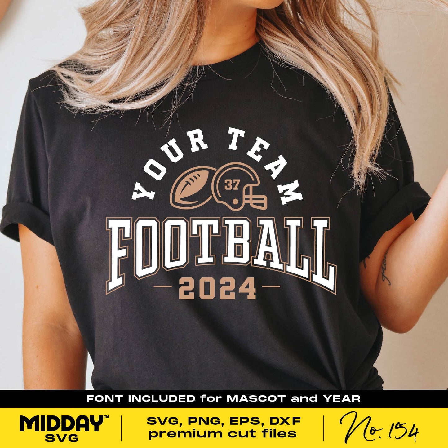 Black t-shirt with customizable football team design featuring ball and year. Includes SVG, PNG, DXF, EPS formats and font for personalization.