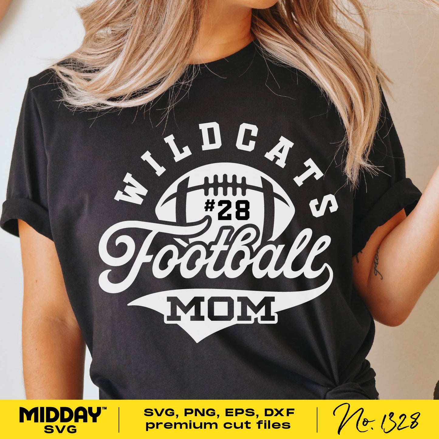 Person wearing a customizable football team mom t-shirt with Wildcats #28 Football Mom design in SVG, PNG, DXF, EPS formats.