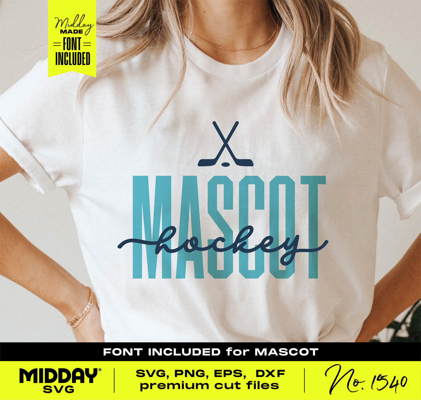 Person wearing a white t-shirt with "Hockey MASCOT" design; included font package for custom SVG creations by Midday SVG.