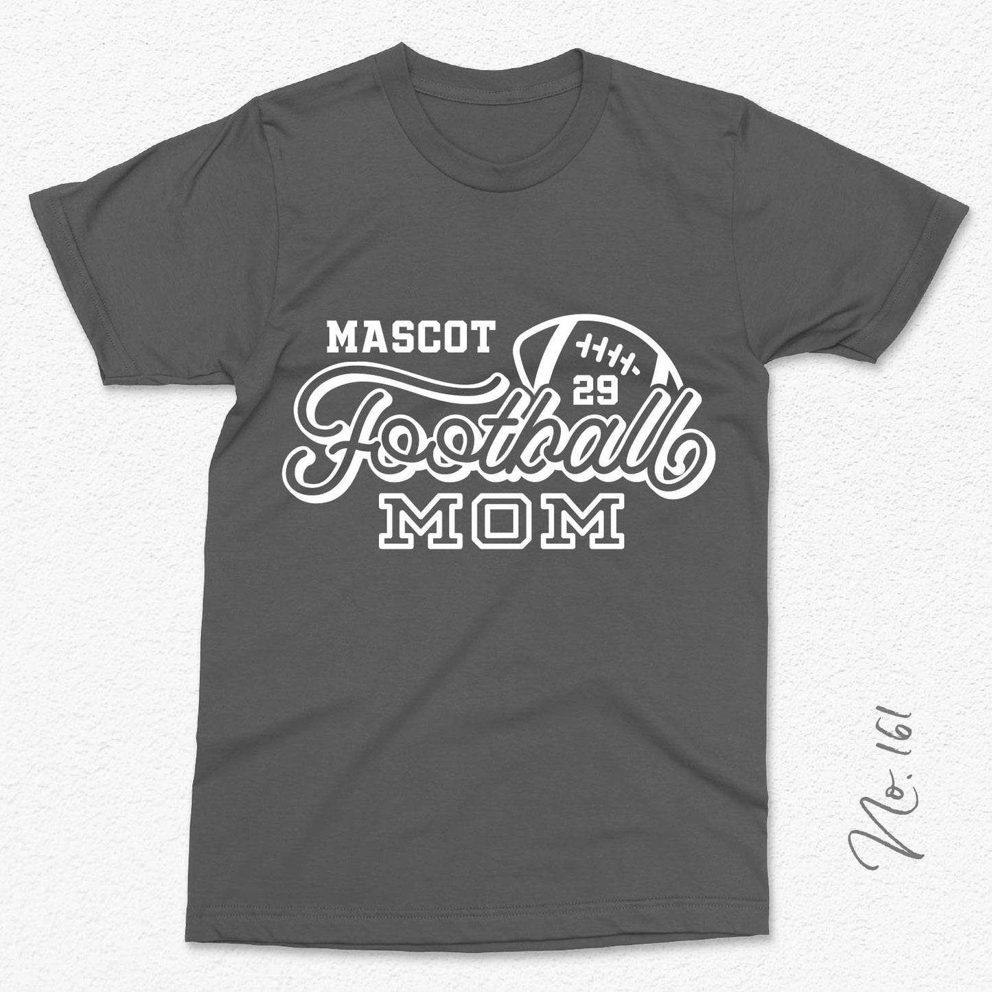 Dark gray t-shirt with "Mascot Football Mom" design, perfect for supporting your favorite football team. Includes customizable options.