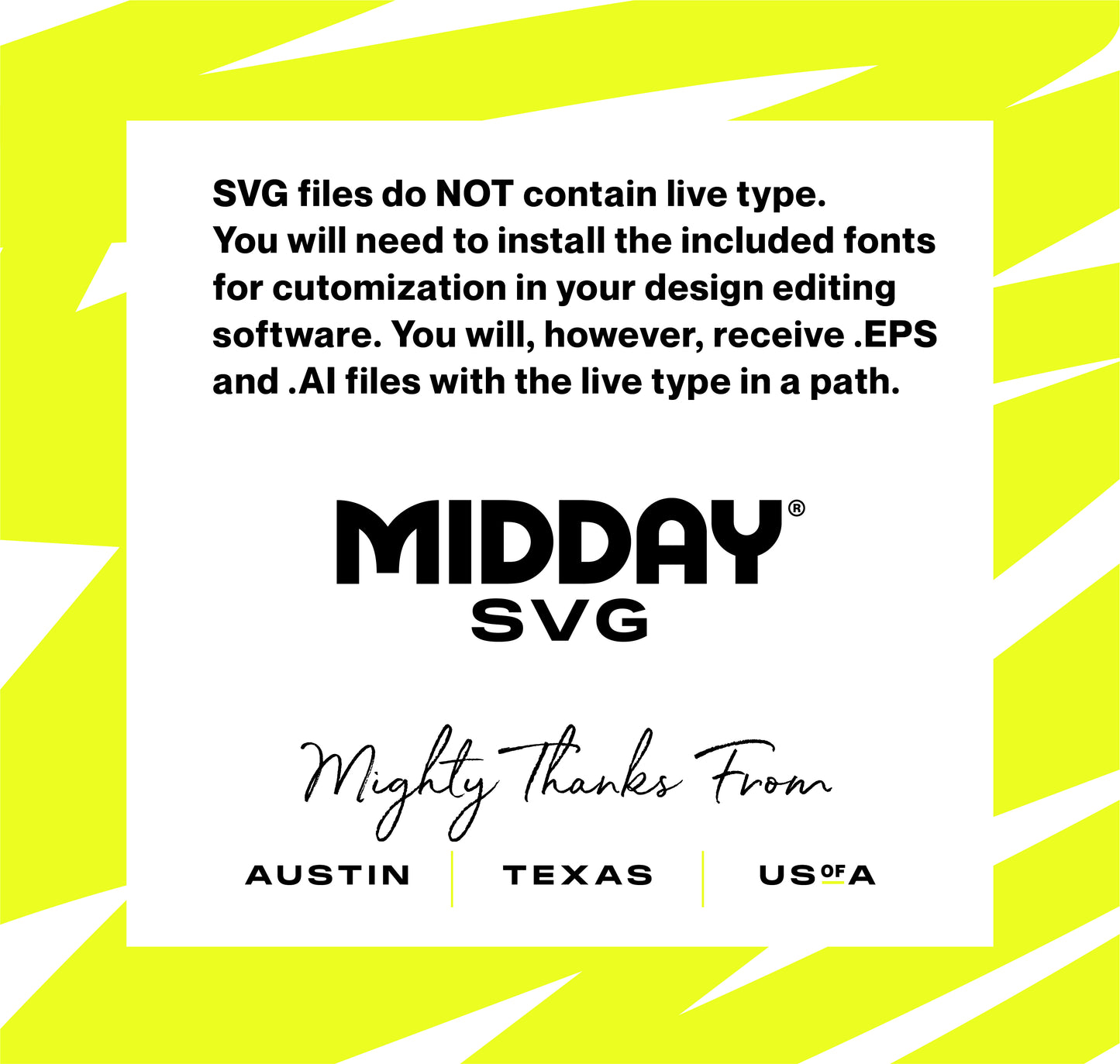 Notice about SVG file requirements and types, with 'Midday SVG' logo, fonts needed for design and customization info.