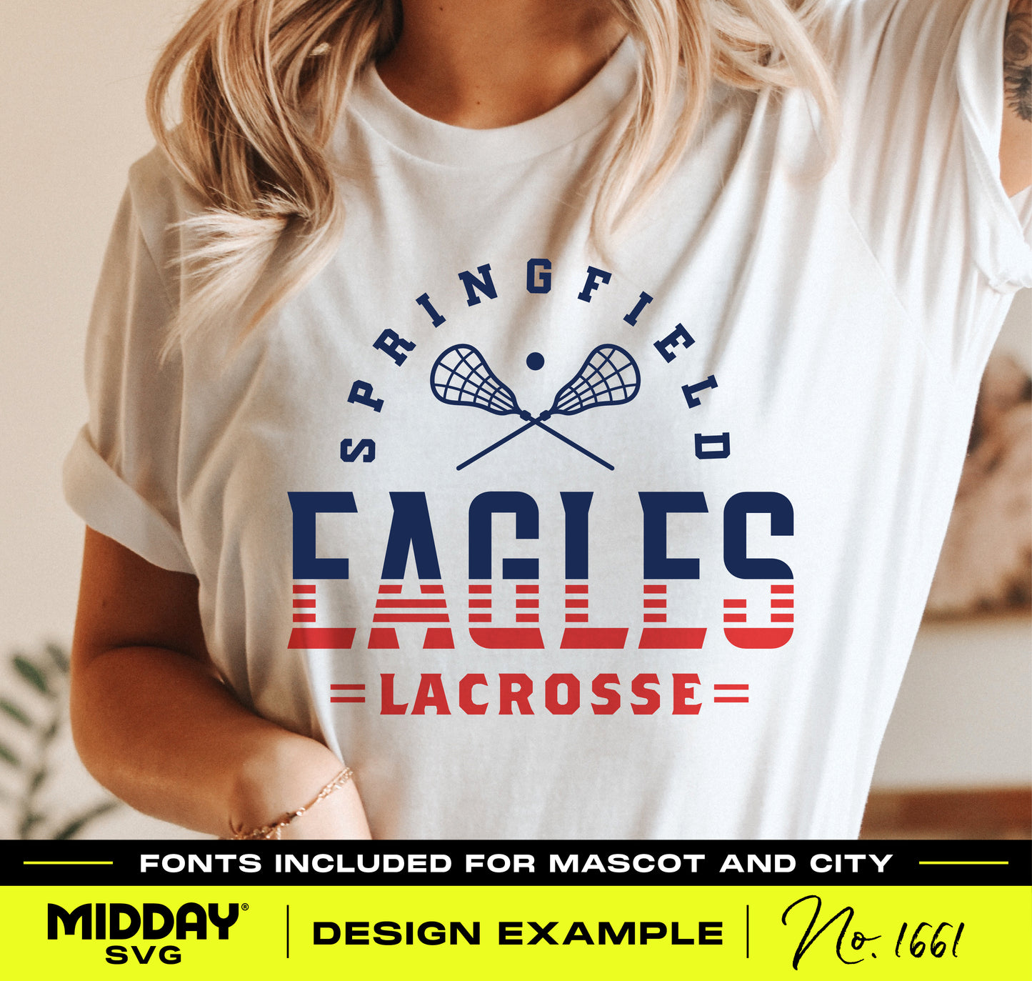 Woman wearing a T-shirt with Springfield Eagles lacrosse logo design example, striped lacrosse SVG for team apparel crafting.