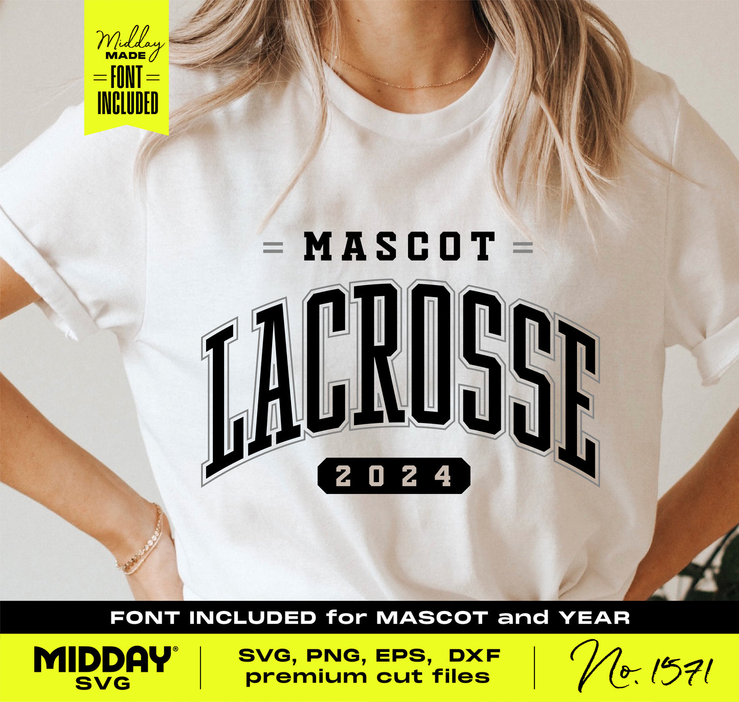 Person wearing a Lacrosse 2024 t-shirt from customizable SVG PNG bundle, featuring bold mascot text. Perfect for team apparel design.