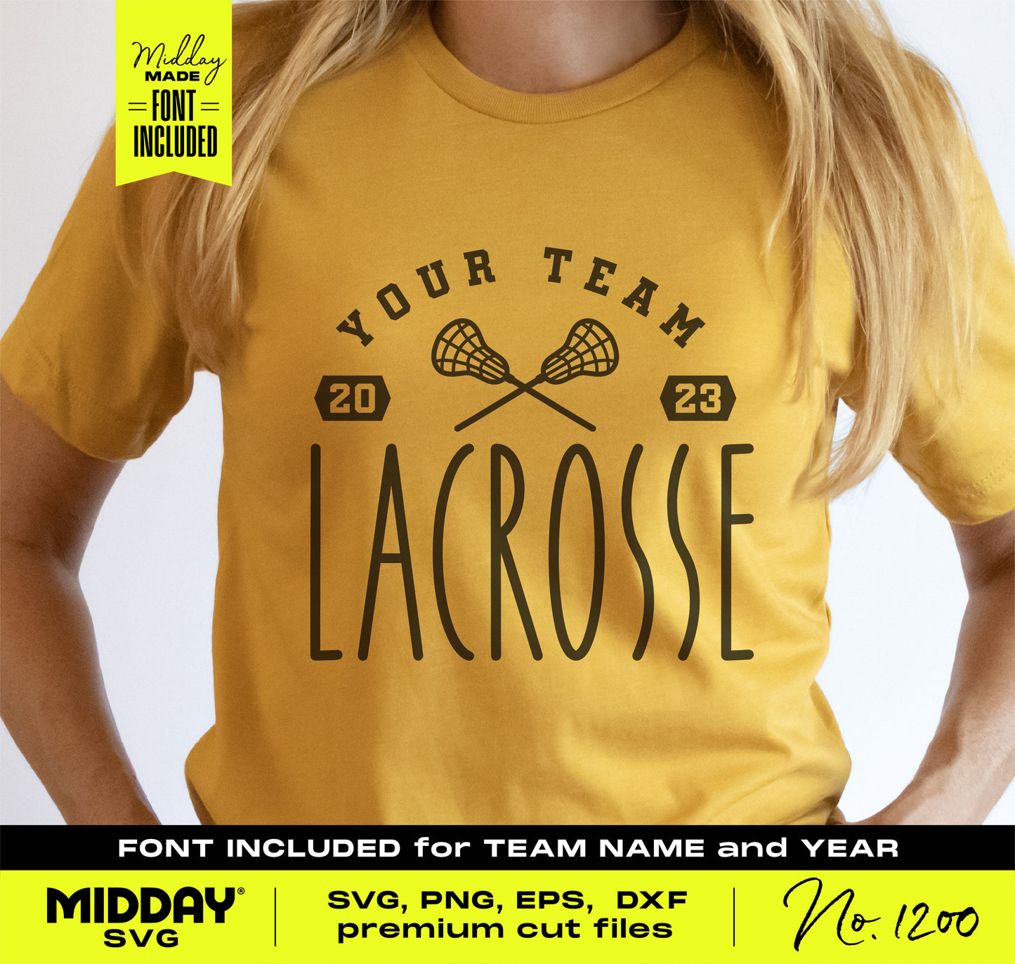 Customizable lacrosse shirt design with crossed sticks, team name, and year in SVG, PNG format. Perfect for team personalization.