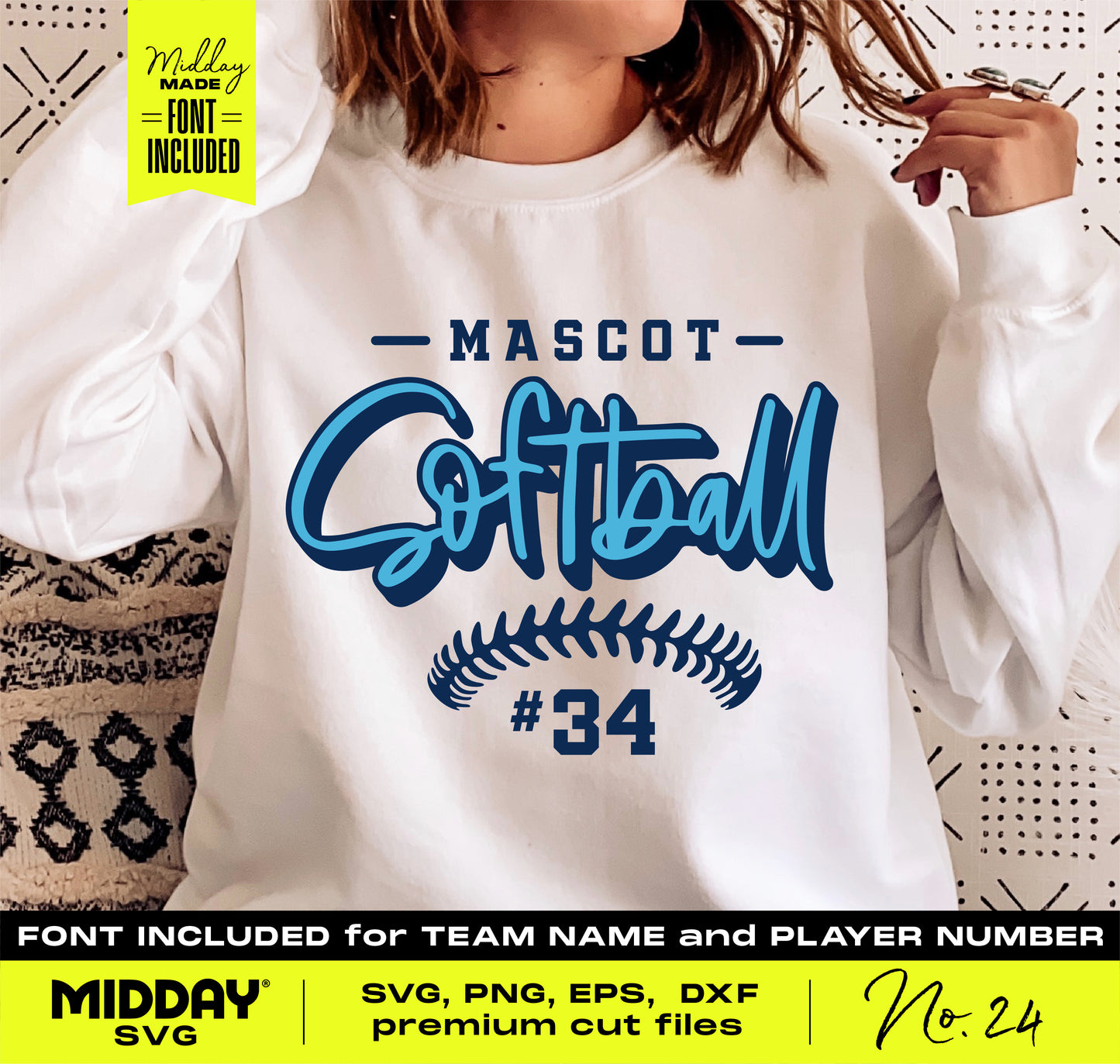 Softball SVG PNG Bundle Option 2 sweatshirt with customizable number and team name for softball fans, Instant Download