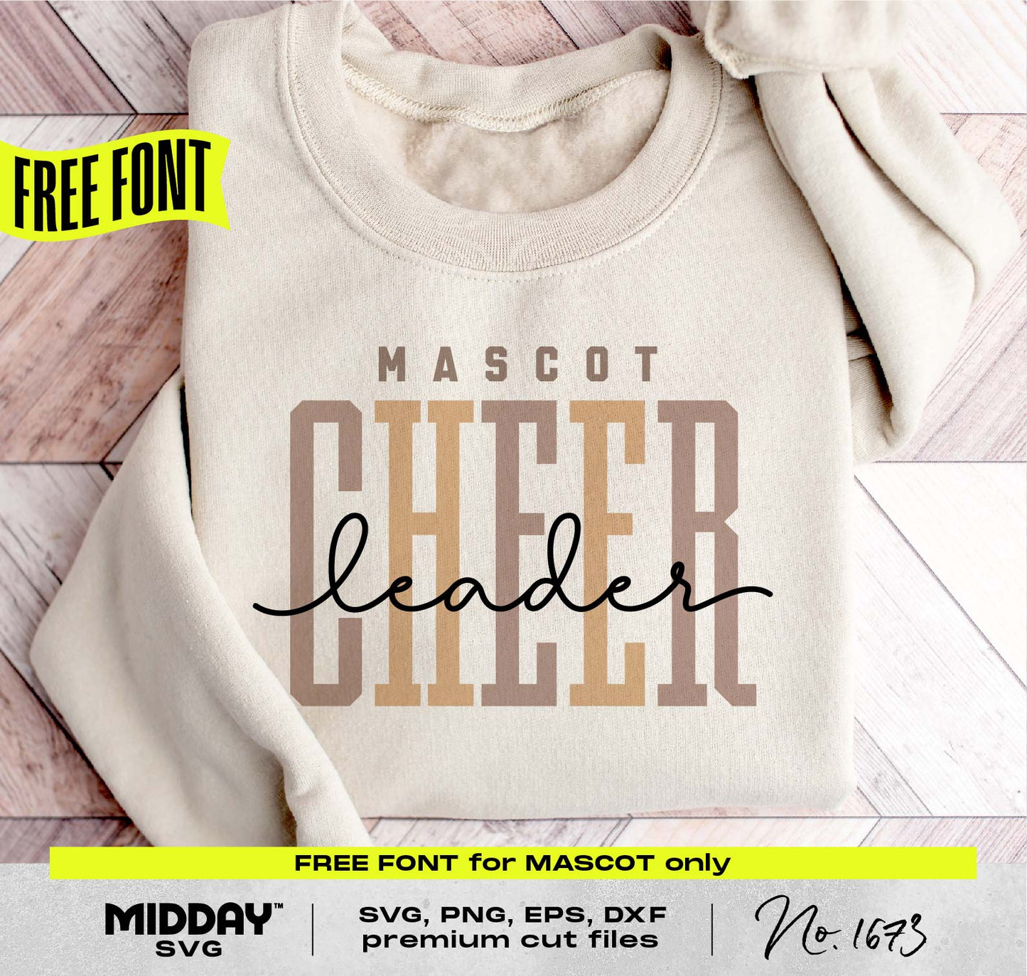 Cheerleader shirt with mascot design, featuring SVG, PNG, EPS, DXF cut files for Cricut and Silhouette, free font included.
