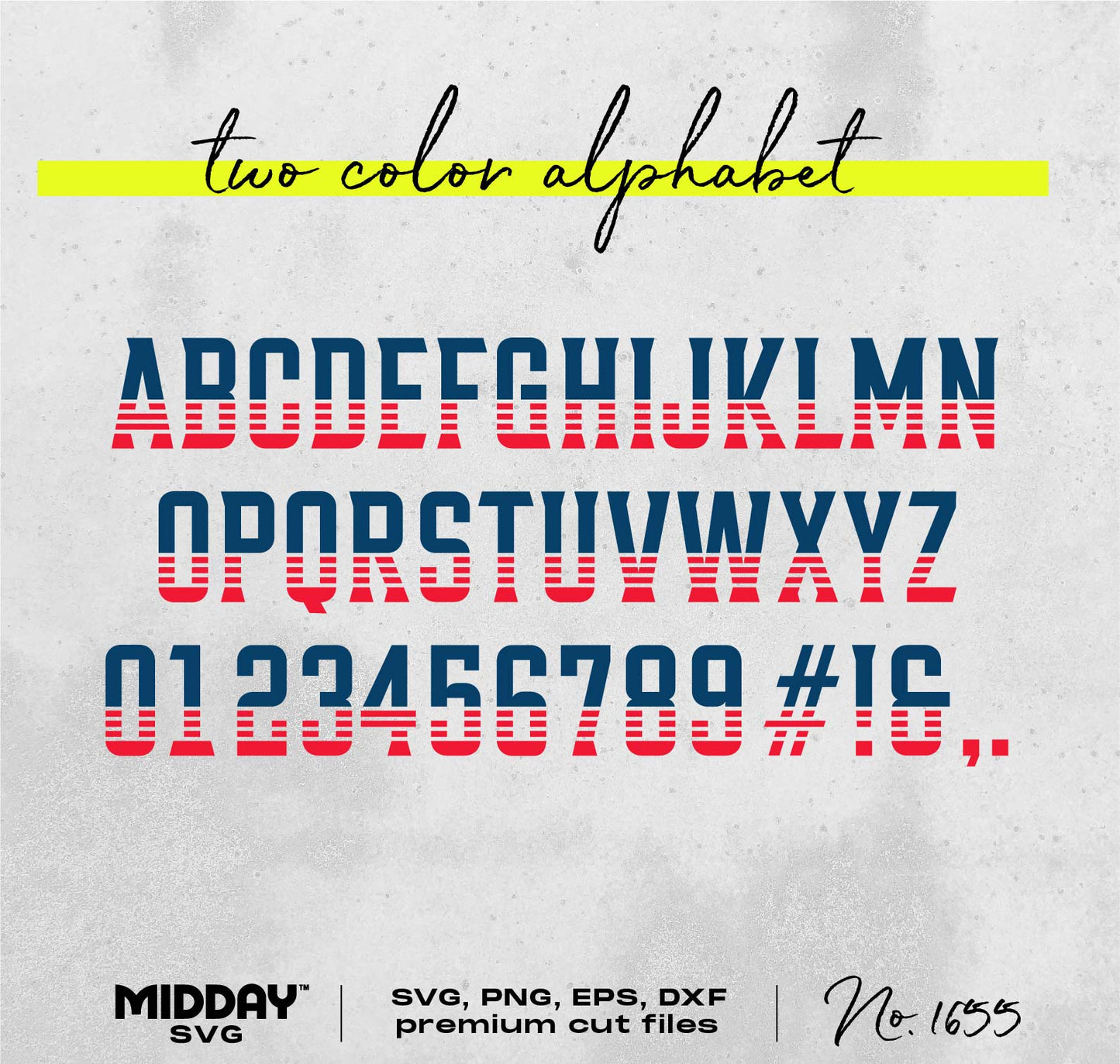 Two color alphabet design with blue and red striped letters and numbers, SVG, PNG, EPS, DXF cut files by Midday SVG.