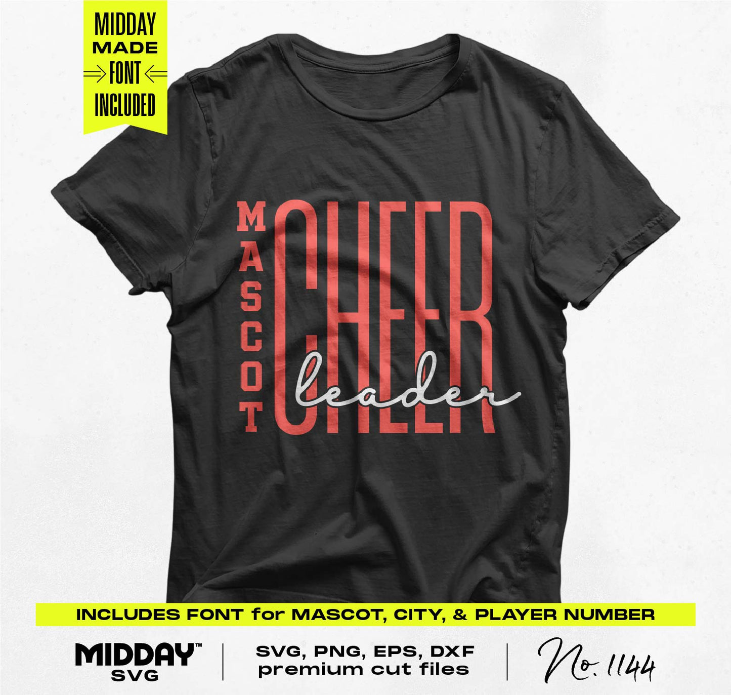 Black cheerleader shirt with red and white 'Mascot CHEER leader' design, suitable for Cricut and Silhouette cutting projects.