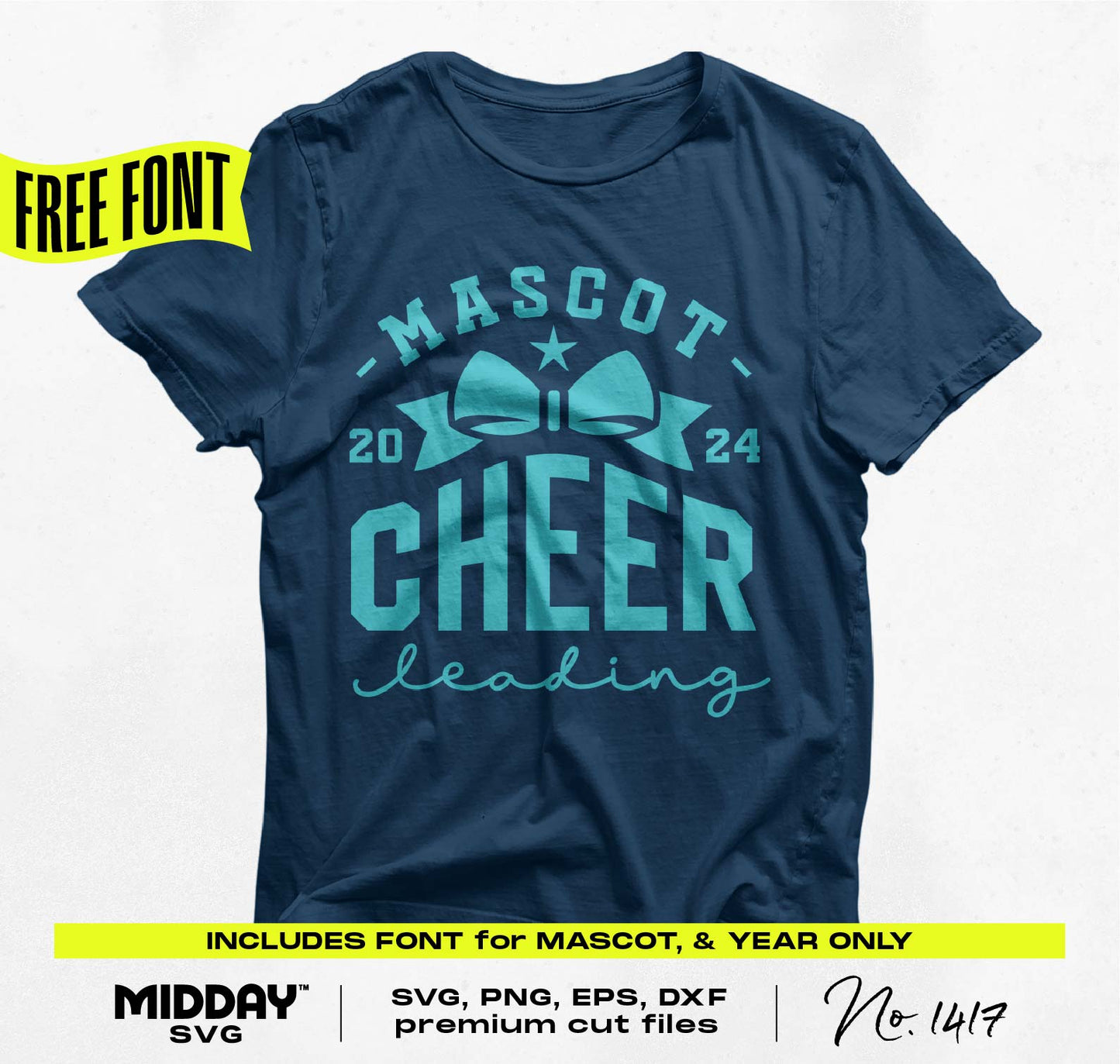 Navy cheerleading shirt with 'Mascot Cheerleading 2024' design, free font offer; suitable for SVG, PNG, EPS, and DXF cut files.