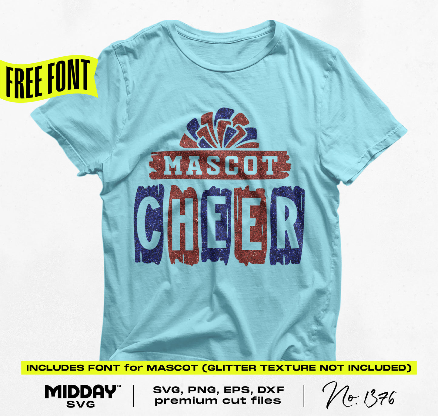 Light blue t-shirt displaying Cheer design with Mascot text, ideal for cheerleading gear with SVG, PNG, EPS, DXF cut files.