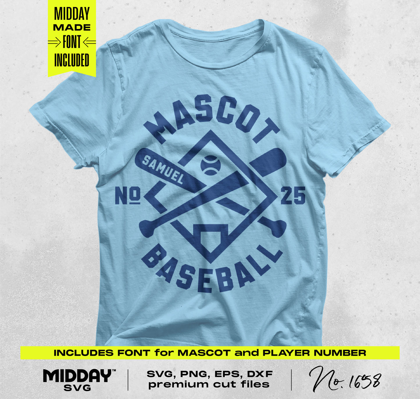 Blue t-shirt with Mascot Baseball design, includes customizable font for name and number, ideal for personalized sports apparel.