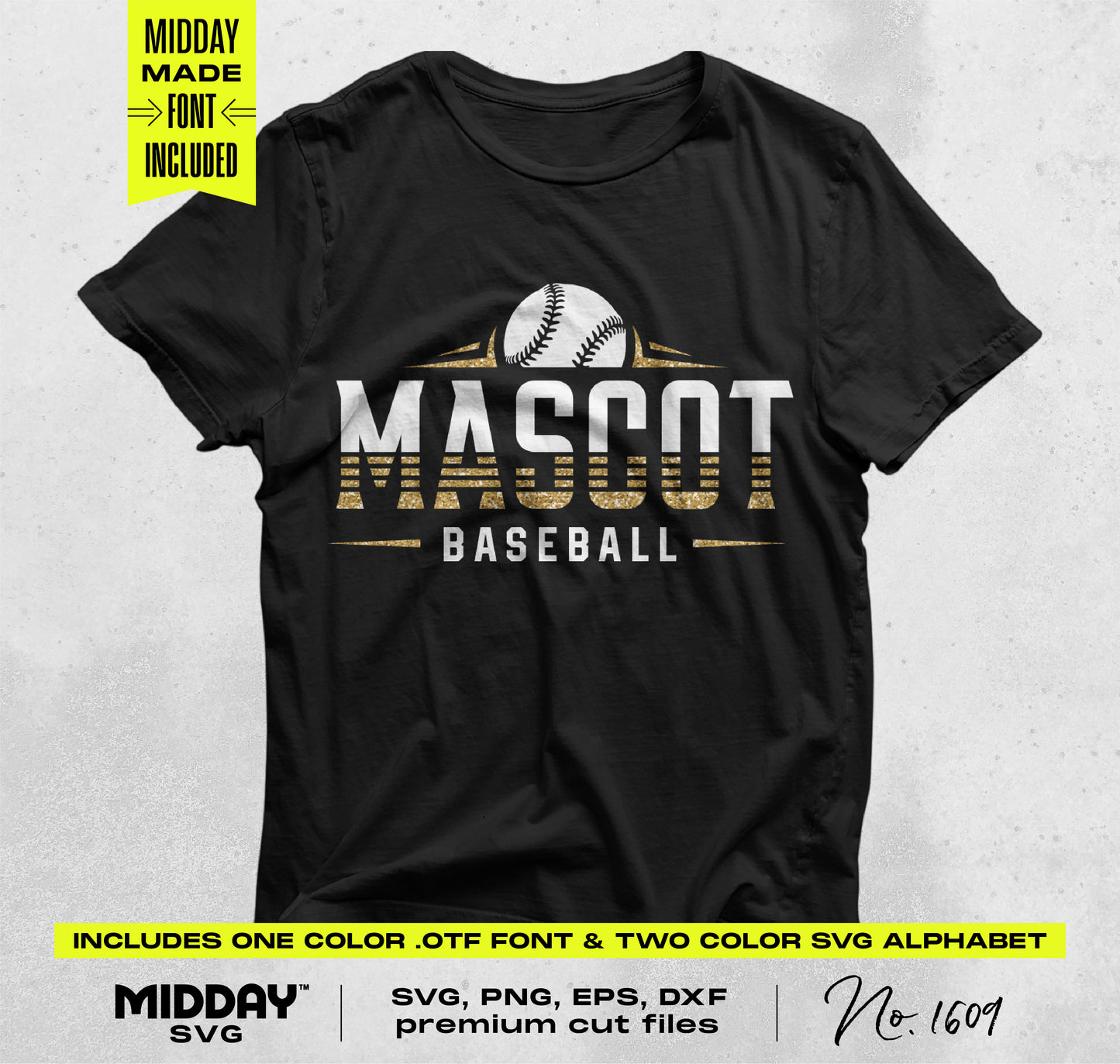 Black t-shirt featuring 'Mascot Baseball' design with baseball graphic, includes SVG, PNG, EPS, DXF files and font. Perfect for crafting.