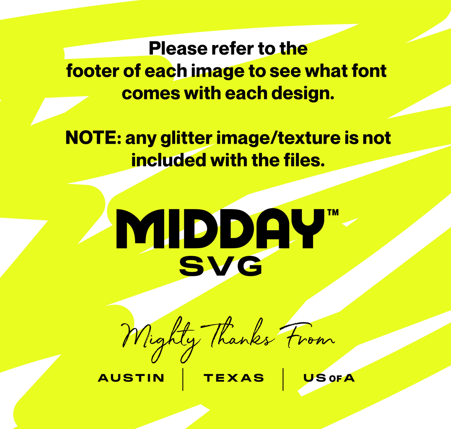 Informational graphic for Midday SVG with design notes and location details, including Austin, Texas, USA.