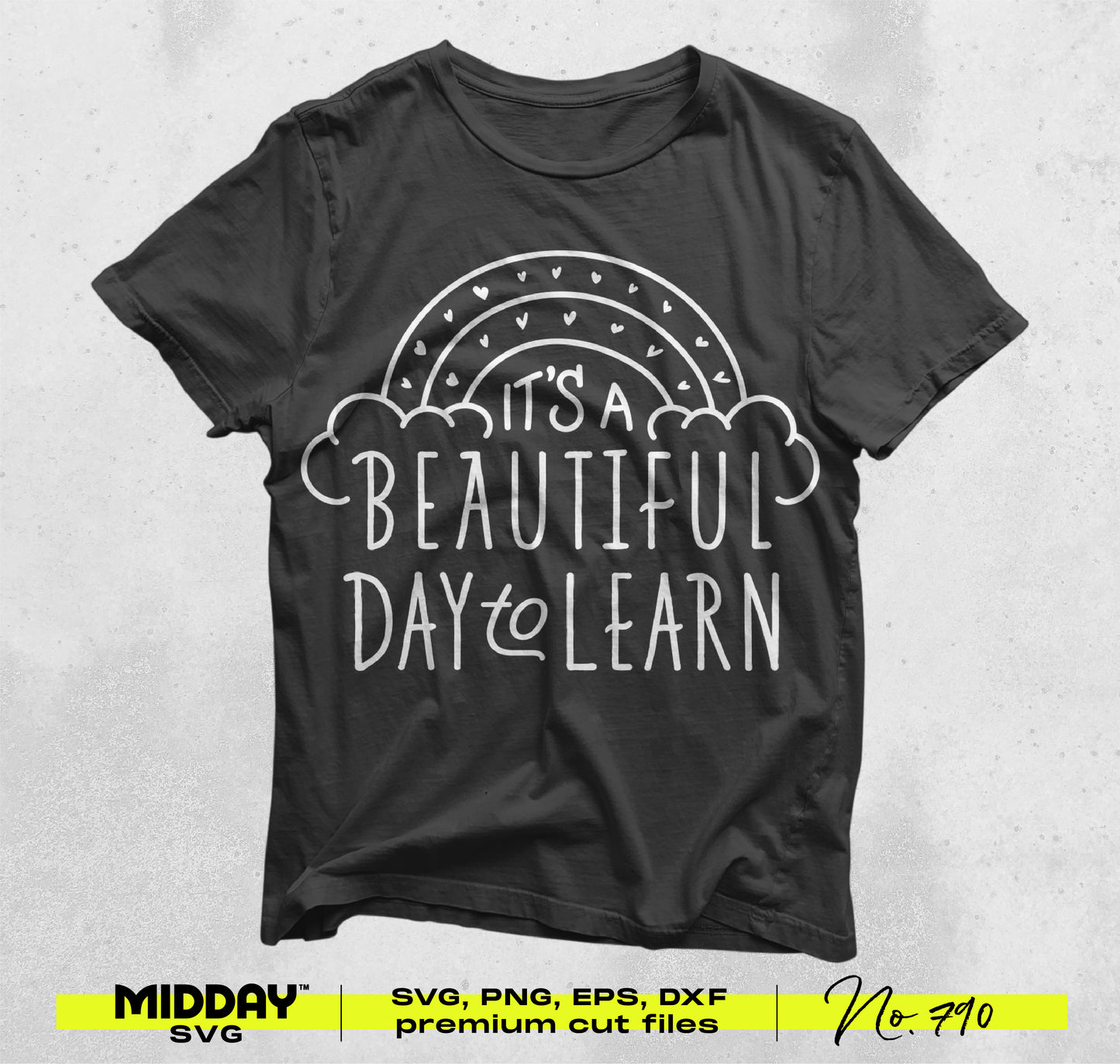Black T-shirt with 'It's a Beautiful Day to Learn' white graphic, featuring rainbow design, ideal for teachers and educators.