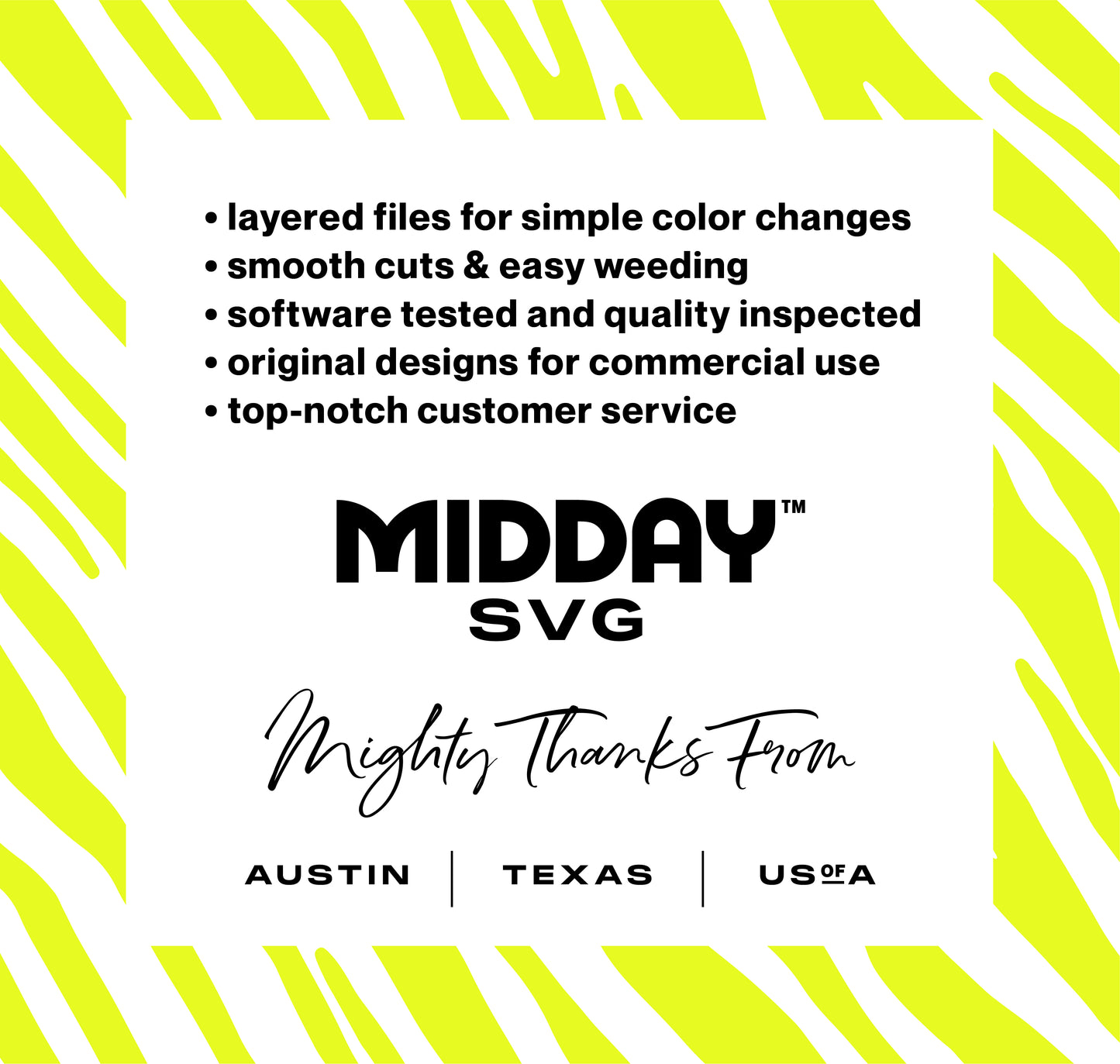 Promotional graphic for Midday SVG featuring design benefits like easy color changes, quality inspected, and commercial use designs.