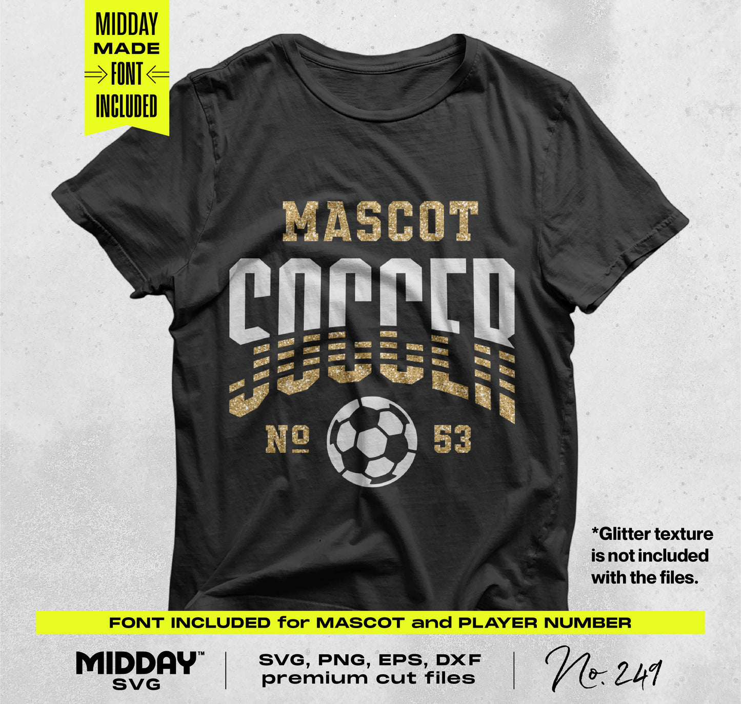 Black t-shirt with 'Mascot Soccer No. 53' design, featuring a soccer ball and customization options, DIY template for sports apparel.