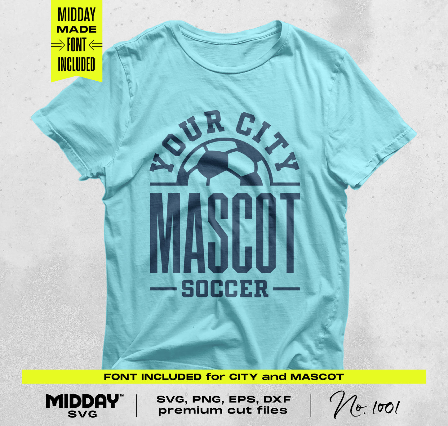 Soccer t-shirt template with customizable city and mascot text, including SVG, PNG, EPS, DXF files.